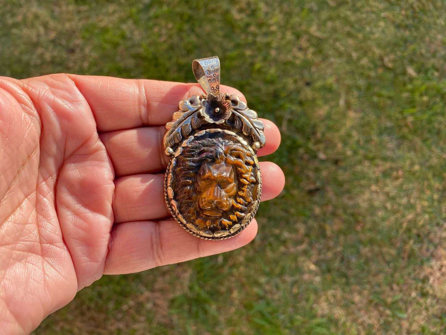 Lion Head Tiger Eye Natural Stone Tibetan Silver Pendant, Hand Carved Lion Pendant, Animal Lover's Jewelry, Crystal Pendant, Animal Pendant
