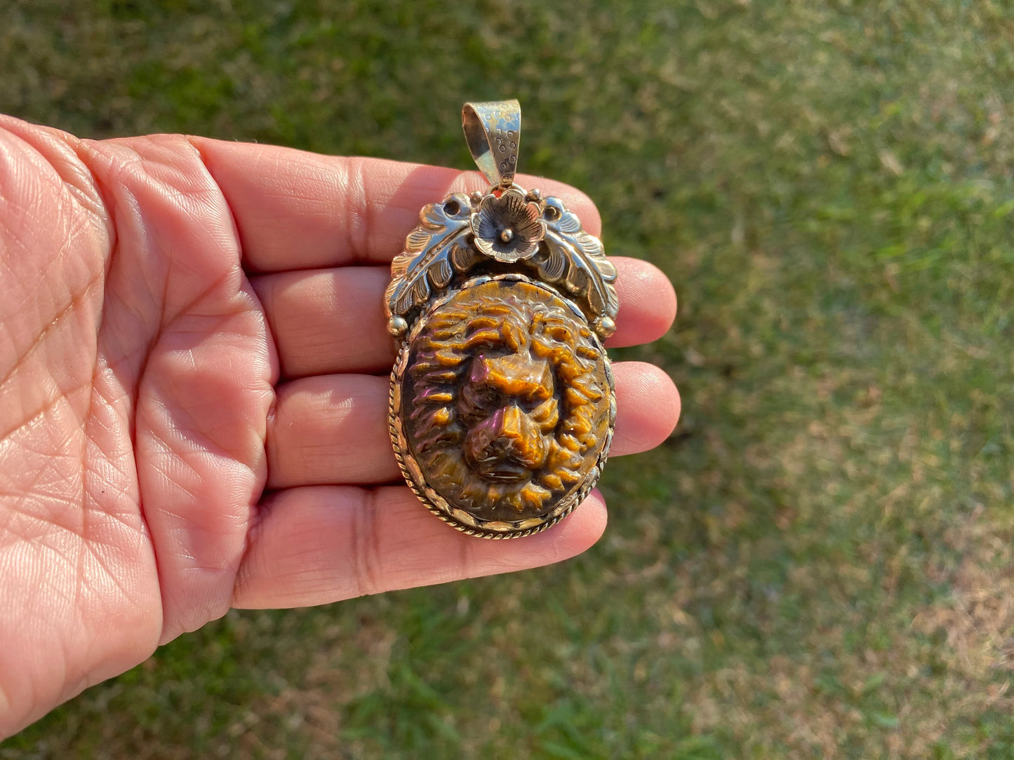 Lion Head Tiger Eye Natural Stone Tibetan Silver Pendant, Hand Carved Lion Pendant, Animal Lover's Jewelry, Crystal Pendant, Animal Pendant