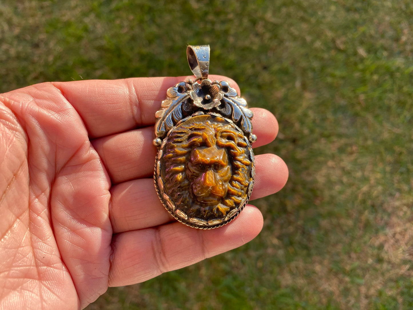 Lion Head Tiger Eye Natural Stone Tibetan Silver Pendant, Hand Carved Lion Pendant, Animal Lover's Jewelry, Crystal Pendant, Animal Pendant