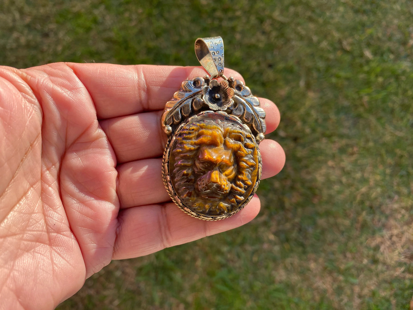 Lion Head Tiger Eye Natural Stone Tibetan Silver Pendant, Hand Carved Lion Pendant, Animal Lover's Jewelry, Crystal Pendant, Animal Pendant