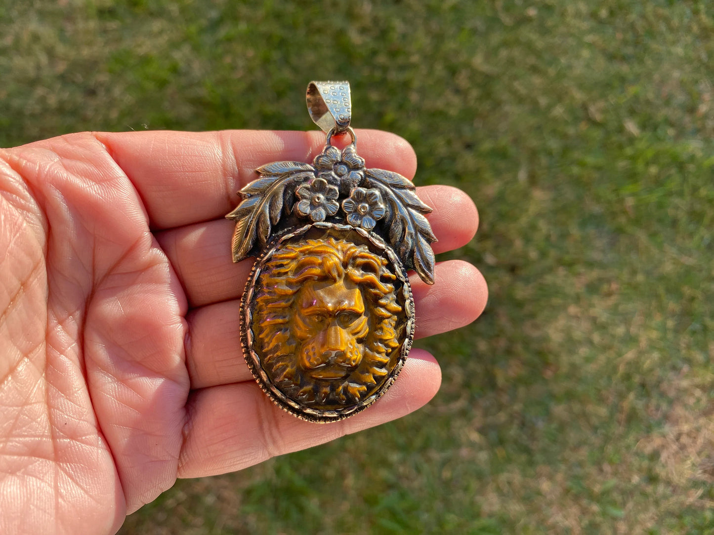 Lion Head Tiger Eye Natural Stone Tibetan Silver Pendant, Hand Carved Lion Pendant, Animal Lover's Jewelry, Crystal Pendant, Animal Pendant