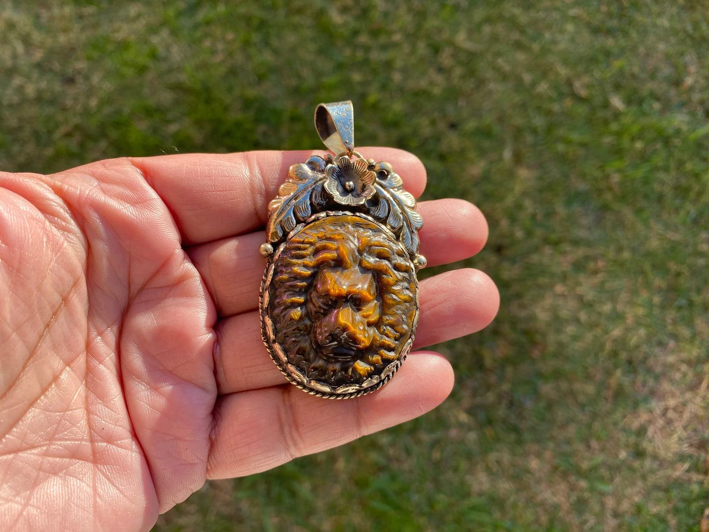 Lion Head Tiger Eye Natural Stone Tibetan Silver Pendant, Hand Carved Lion Pendant, Animal Lover's Jewelry, Crystal Pendant, Animal Pendant