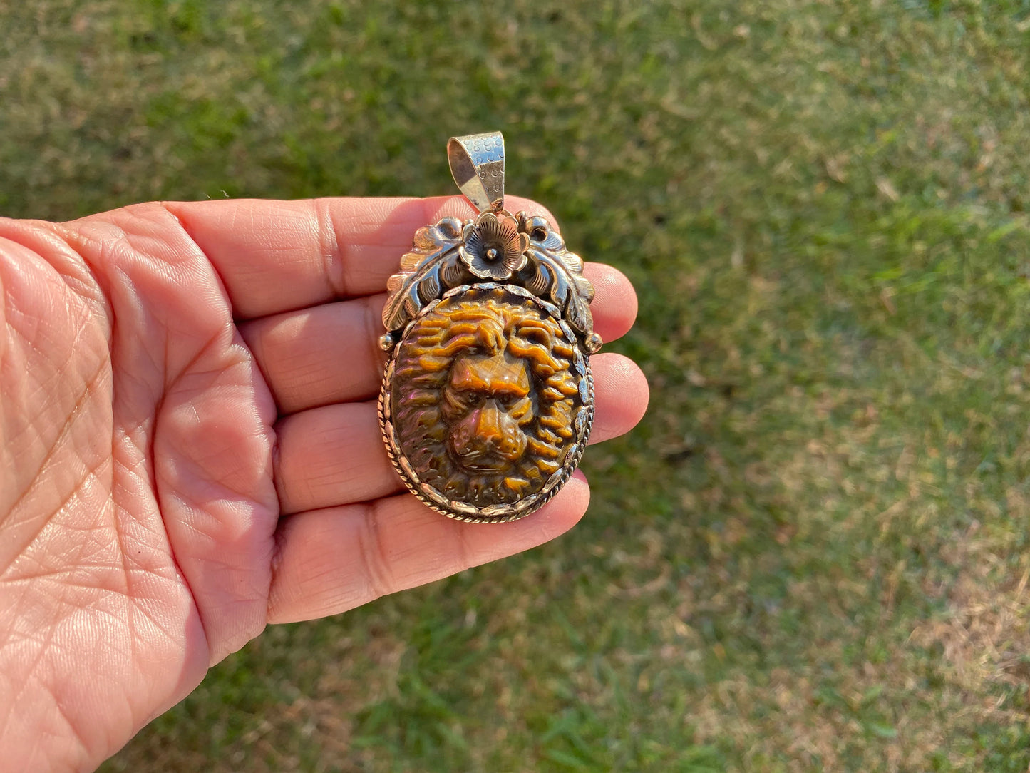 Lion Head Tiger Eye Natural Stone Tibetan Silver Pendant, Hand Carved Lion Pendant, Animal Lover's Jewelry, Crystal Pendant, Animal Pendant