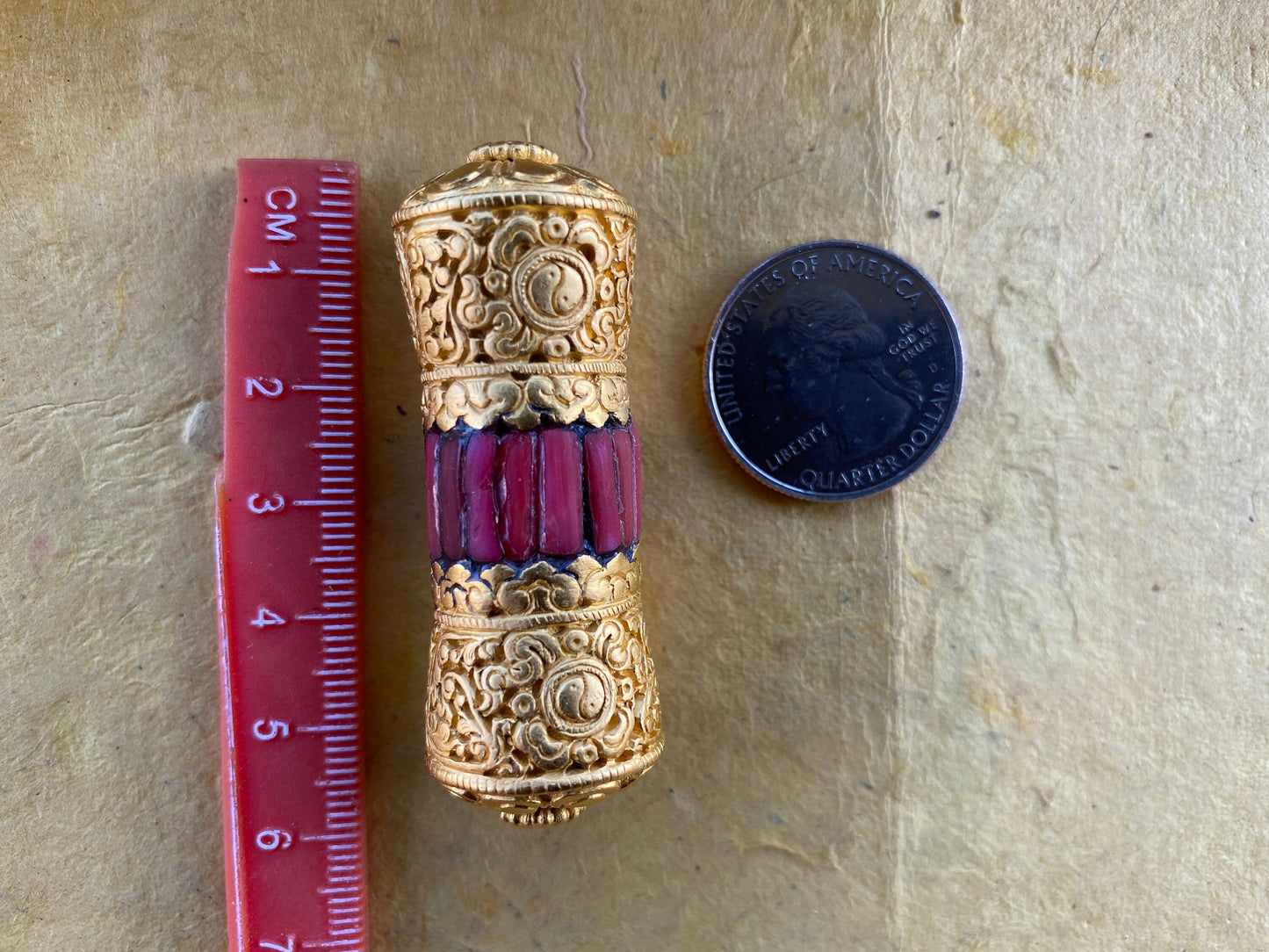 Long 18K Brushed Gold Overlay Non Tarnish Tibetan Bead with Coral, Guru Bead, Focal, Center Bead, Beads for Necklace, Himalayan Bead, Ethnic