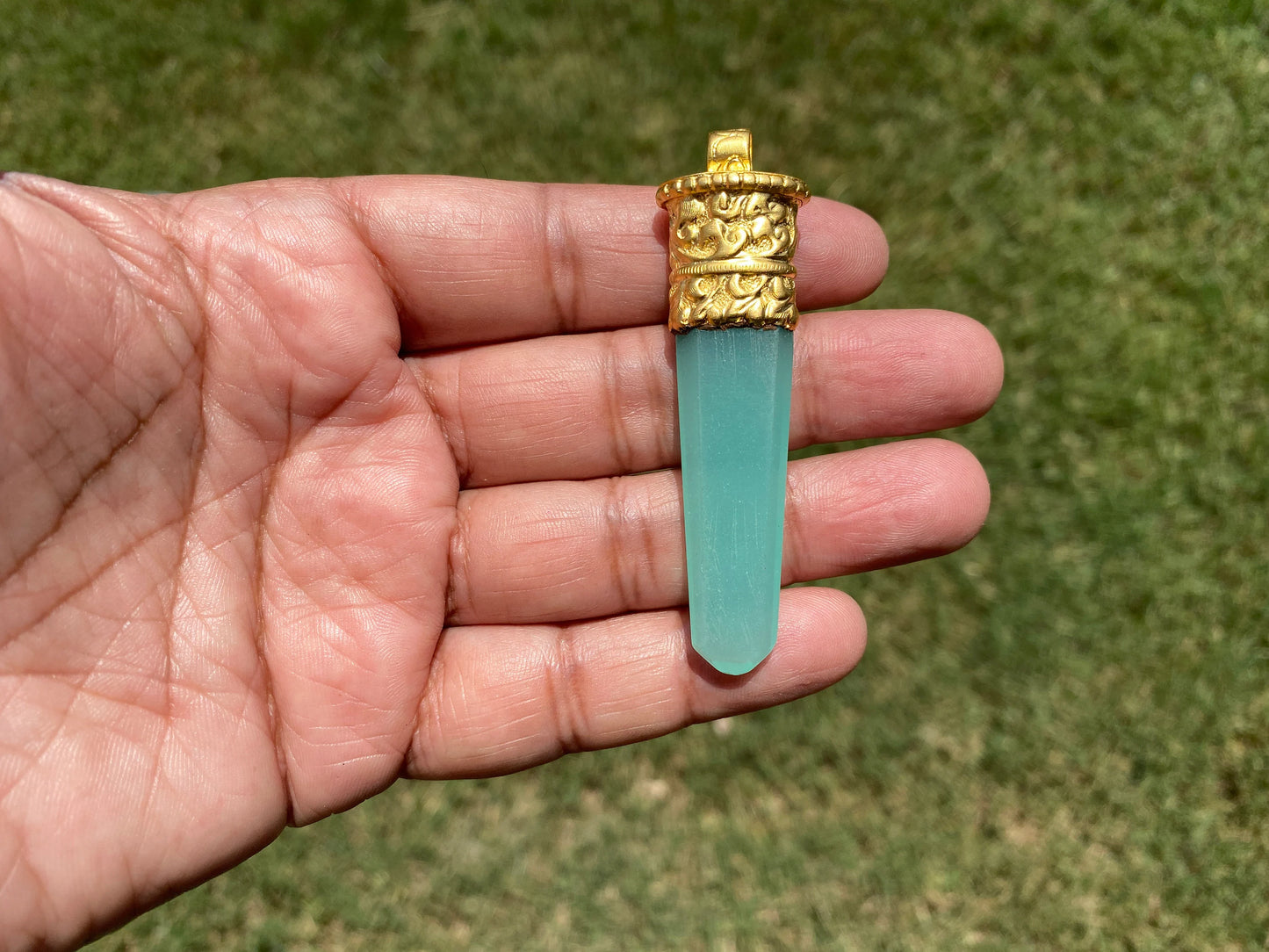Long Hydro Quartz Pendant, 18K Matte Gold Overlay, Gemstone Pendant, Aqua/Green/Purple Color Pendant, Handmade Jewelry From Nepal, Bohemian
