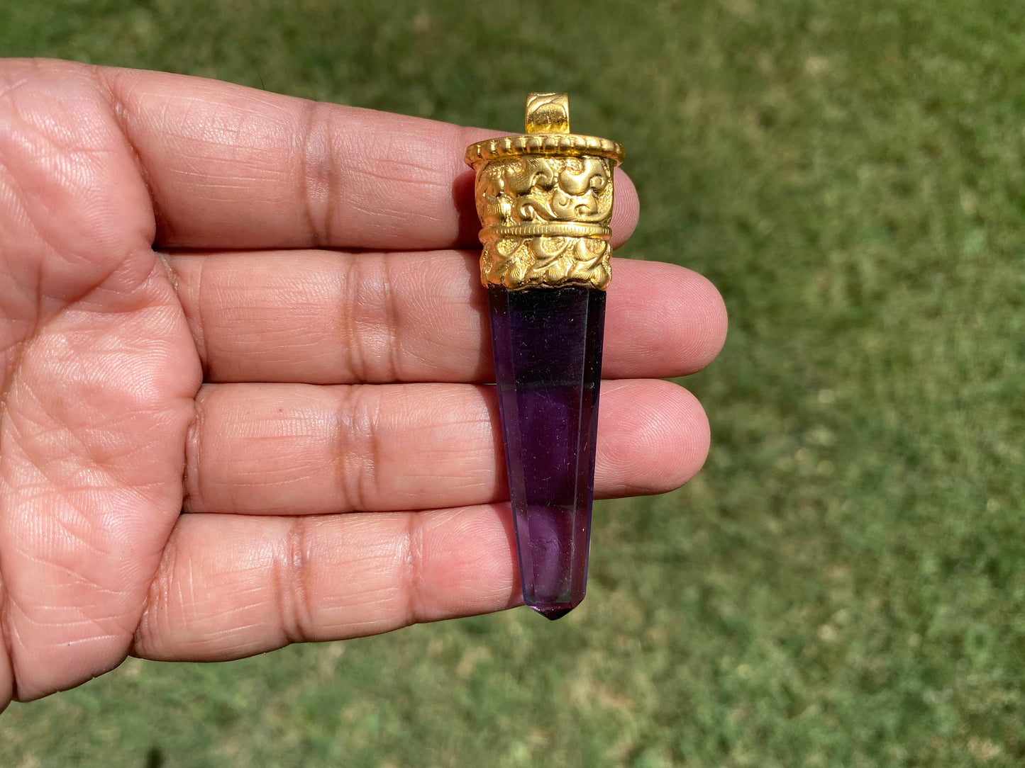 Long Hydro Quartz Pendant, 18K Matte Gold Overlay, Gemstone Pendant, Aqua/Green/Purple Color Pendant, Handmade Jewelry From Nepal, Bohemian