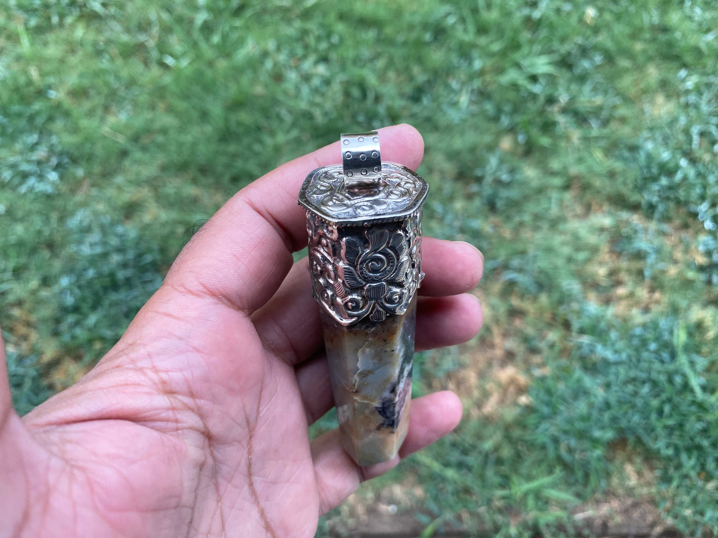 Long Pointed Amazonite Crystal Tibetan Silver Pendant, Unique Design, Healing Point Crystal, Obelisk Crystal, Balancing Gem, Unique Jewelry