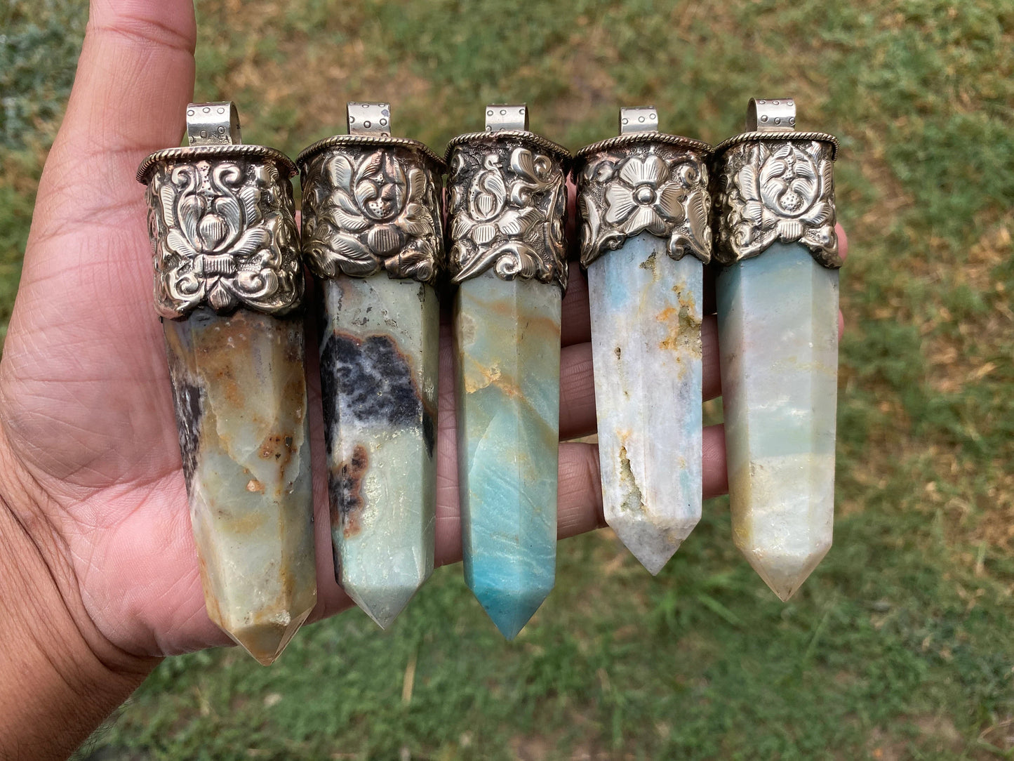 Long Pointed Amazonite Crystal Tibetan Silver Pendant, Unique Design, Healing Point Crystal, Obelisk Crystal, Balancing Gem, Unique Jewelry