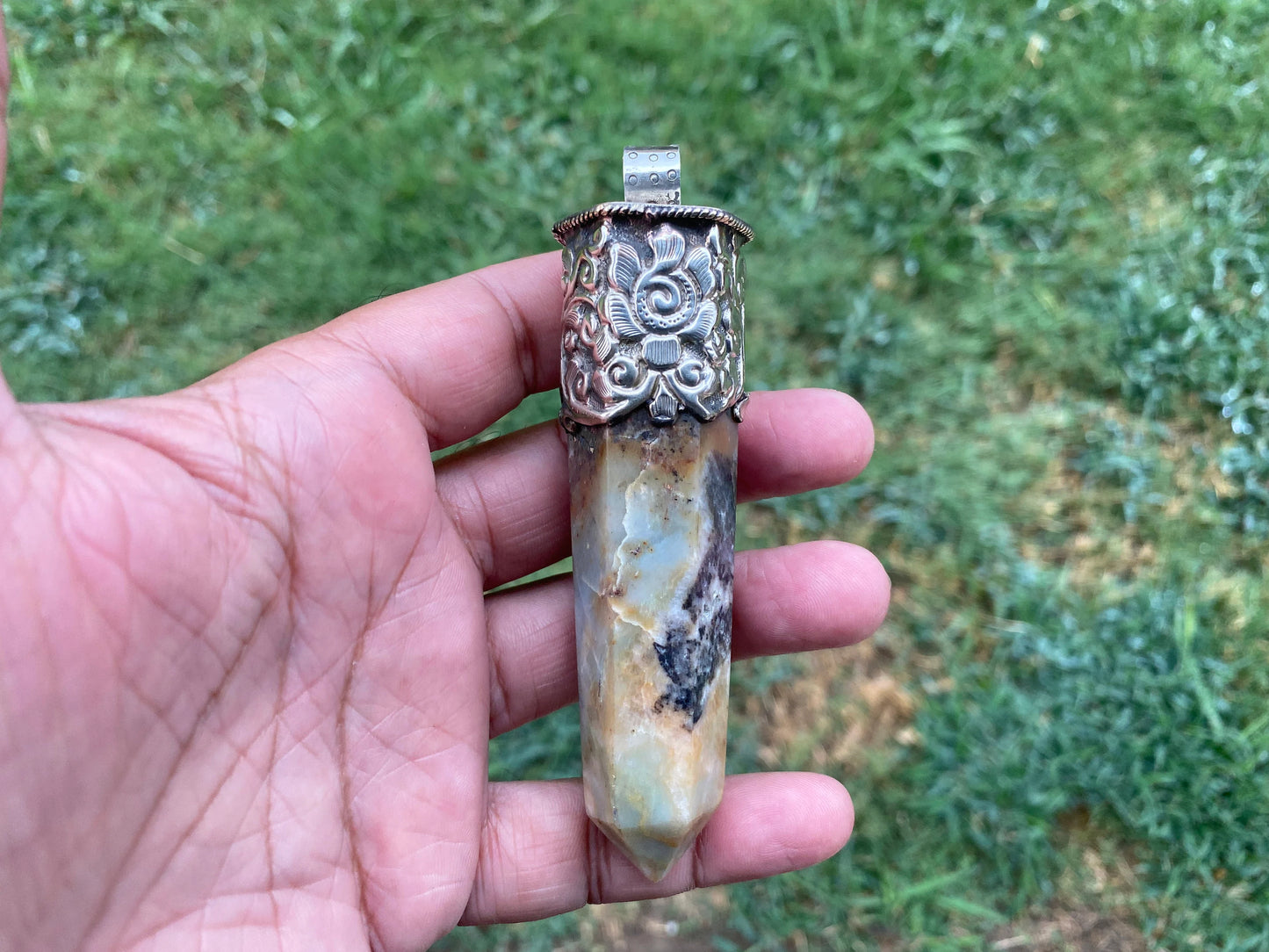 Long Pointed Amazonite Crystal Tibetan Silver Pendant, Unique Design, Healing Point Crystal, Obelisk Crystal, Balancing Gem, Unique Jewelry