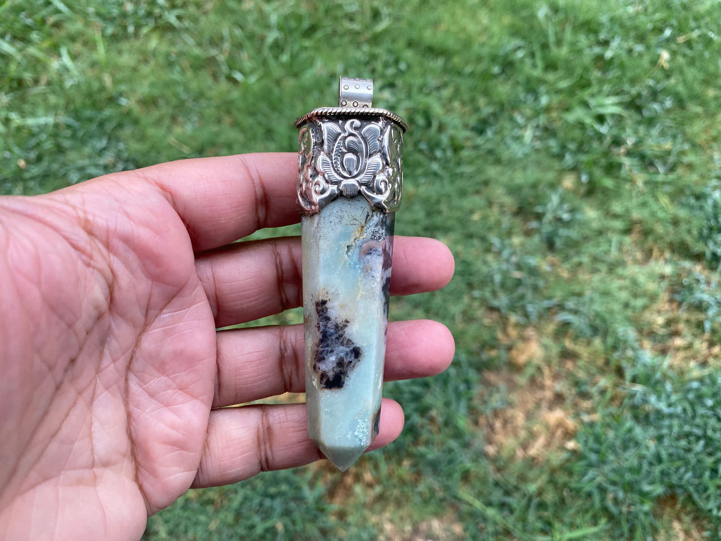 Long Pointed Amazonite Crystal Tibetan Silver Pendant, Unique Design, Healing Point Crystal, Obelisk Crystal, Balancing Gem, Unique Jewelry