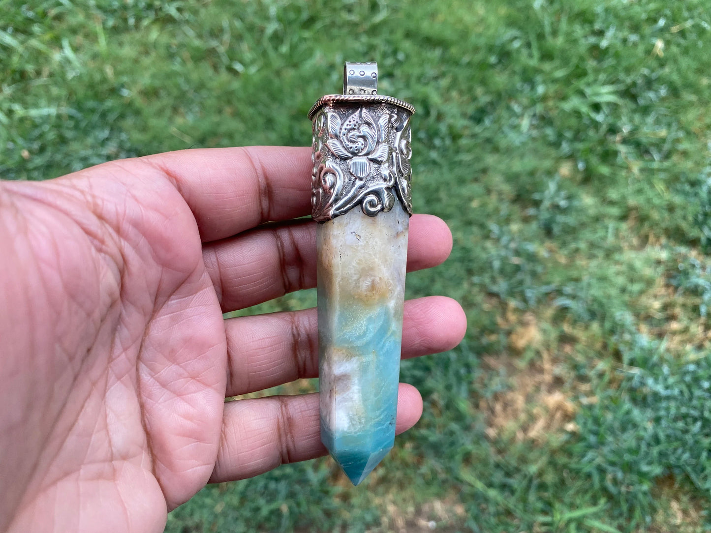 Long Pointed Amazonite Crystal Tibetan Silver Pendant, Unique Design, Healing Point Crystal, Obelisk Crystal, Balancing Gem, Unique Jewelry