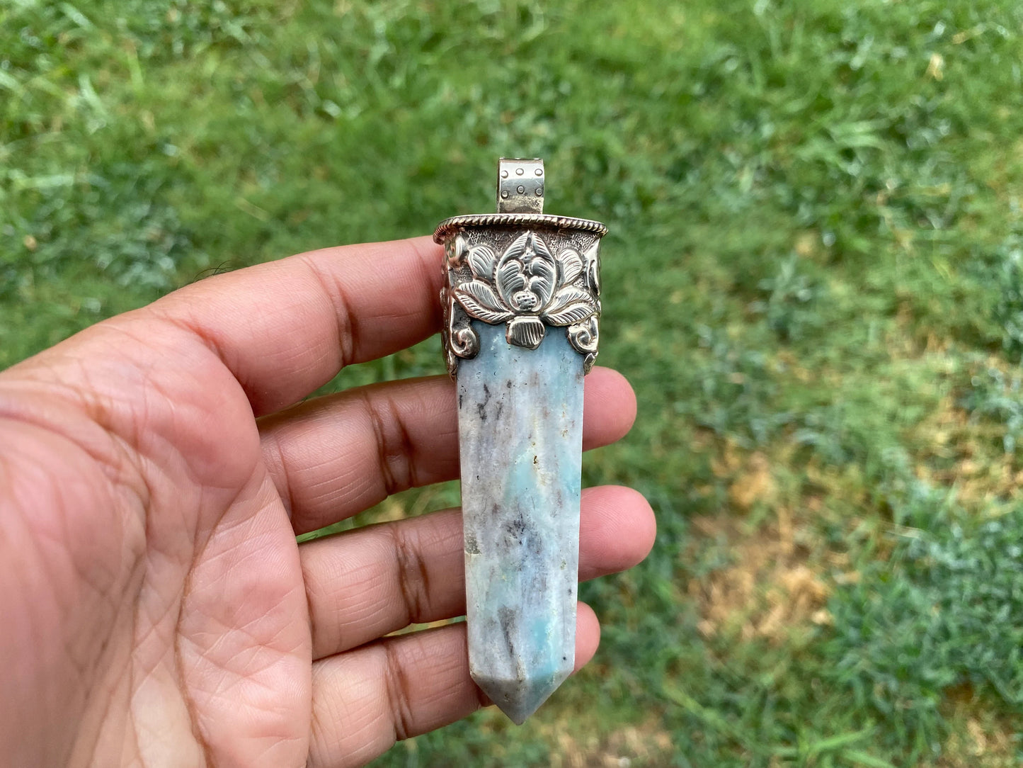 Long Pointed Amazonite Crystal Tibetan Silver Pendant, Unique Design, Healing Point Crystal, Obelisk Crystal, Balancing Gem, Unique Jewelry