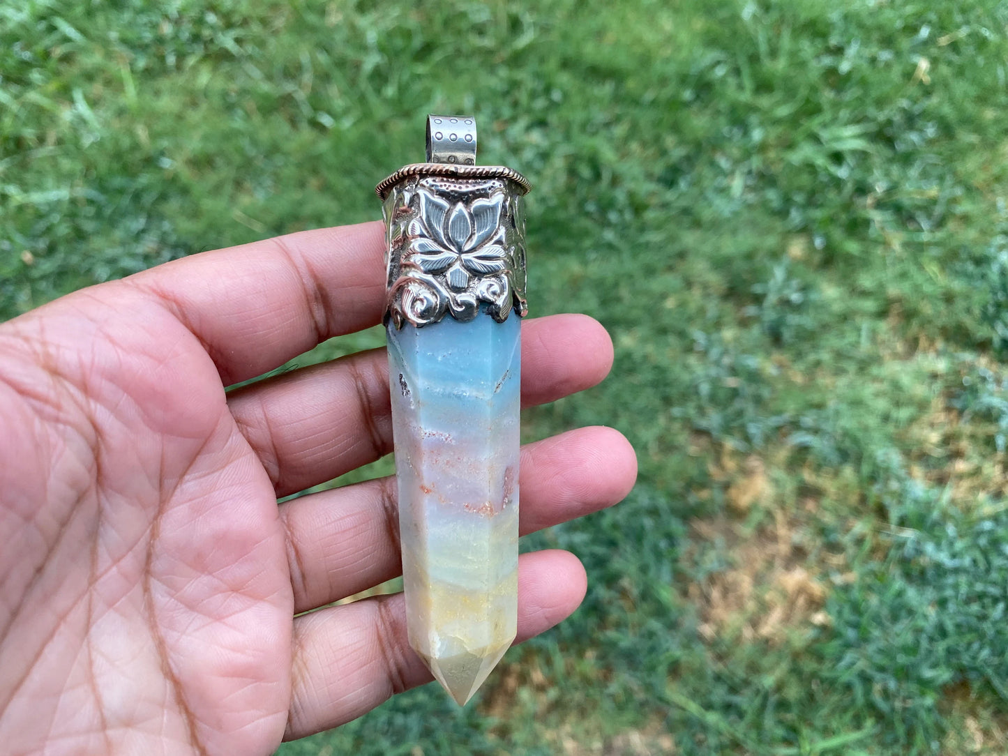 Long Pointed Amazonite Crystal Tibetan Silver Pendant, Unique Design, Healing Point Crystal, Obelisk Crystal, Balancing Gem, Unique Jewelry
