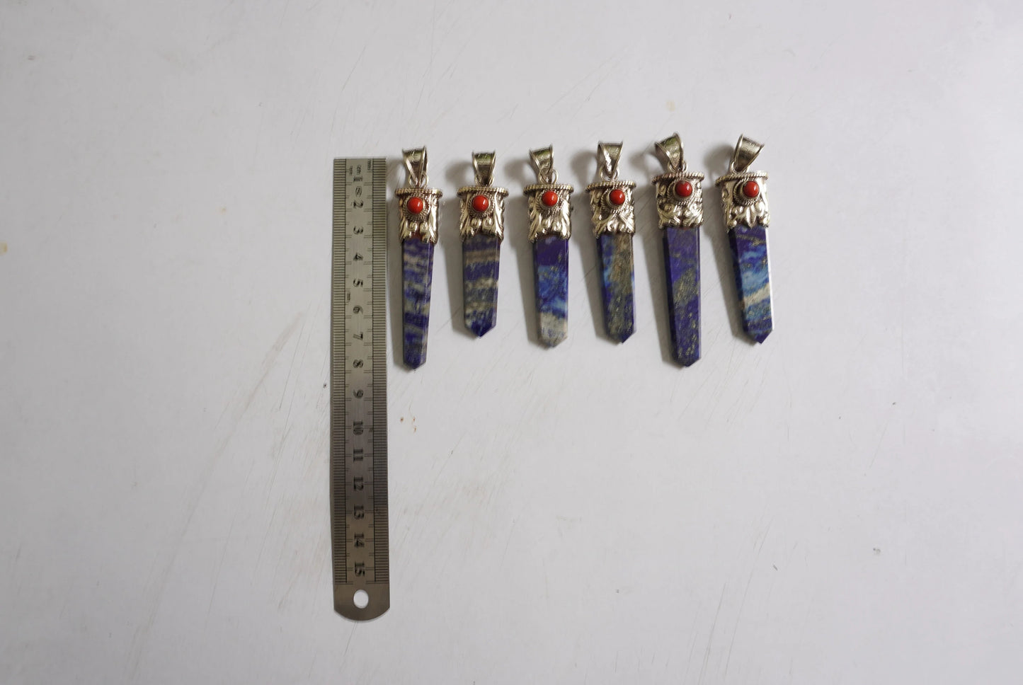 Long Pointed Natural Lapis Lazuli with Red Coral Gemstone Tibetan Silver Pendant | Light Weight Pendant for Necklace, Spiritual Jewlery