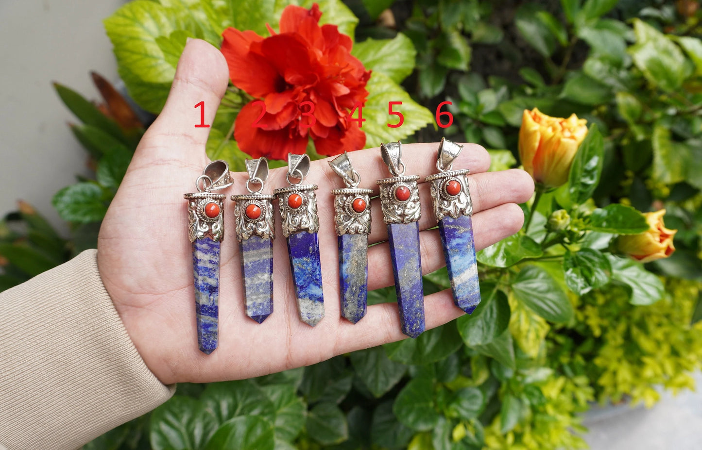 Long Pointed Natural Lapis Lazuli with Red Coral Gemstone Tibetan Silver Pendant | Light Weight Pendant for Necklace, Spiritual Jewlery