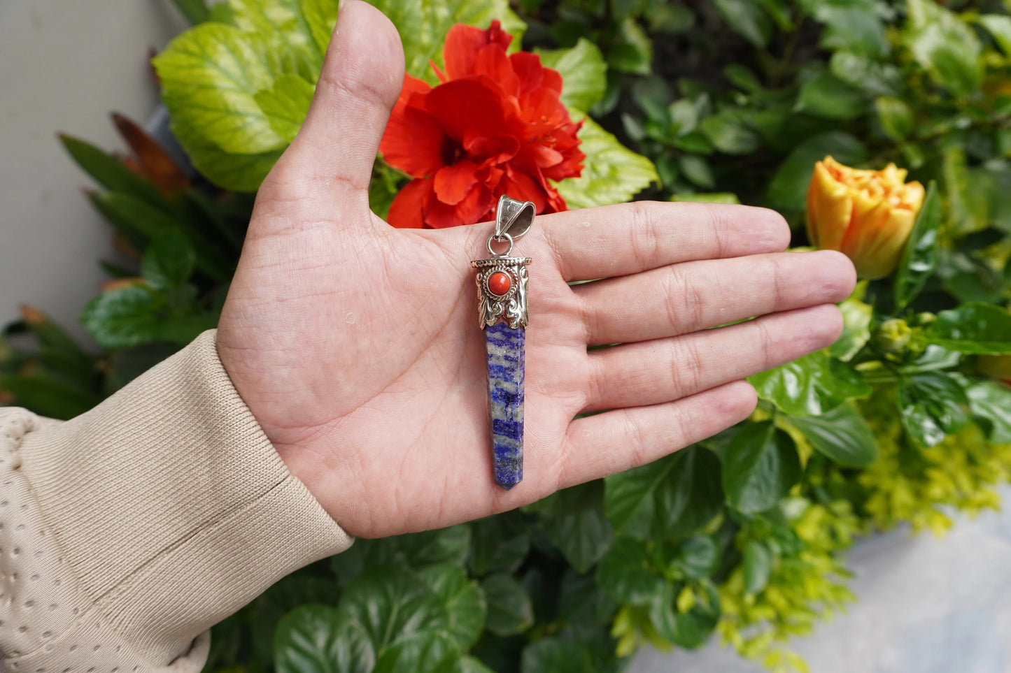 Long Pointed Natural Lapis Lazuli with Red Coral Gemstone Tibetan Silver Pendant | Light Weight Pendant for Necklace, Spiritual Jewlery