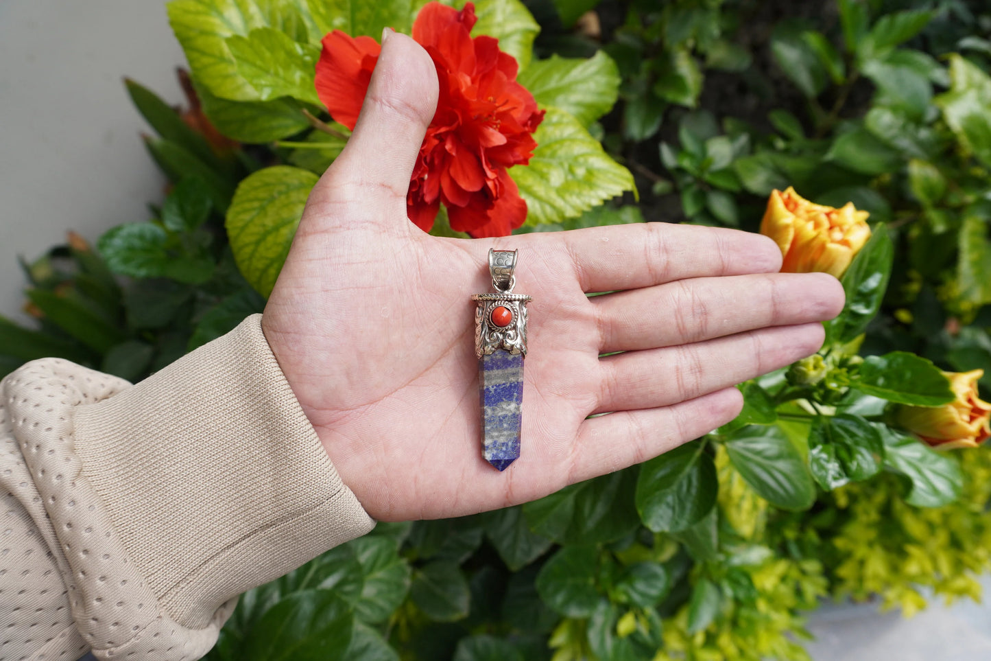Long Pointed Natural Lapis Lazuli with Red Coral Gemstone Tibetan Silver Pendant | Light Weight Pendant for Necklace, Spiritual Jewlery