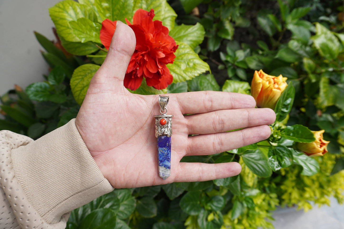 Long Pointed Natural Lapis Lazuli with Red Coral Gemstone Tibetan Silver Pendant | Light Weight Pendant for Necklace, Spiritual Jewlery