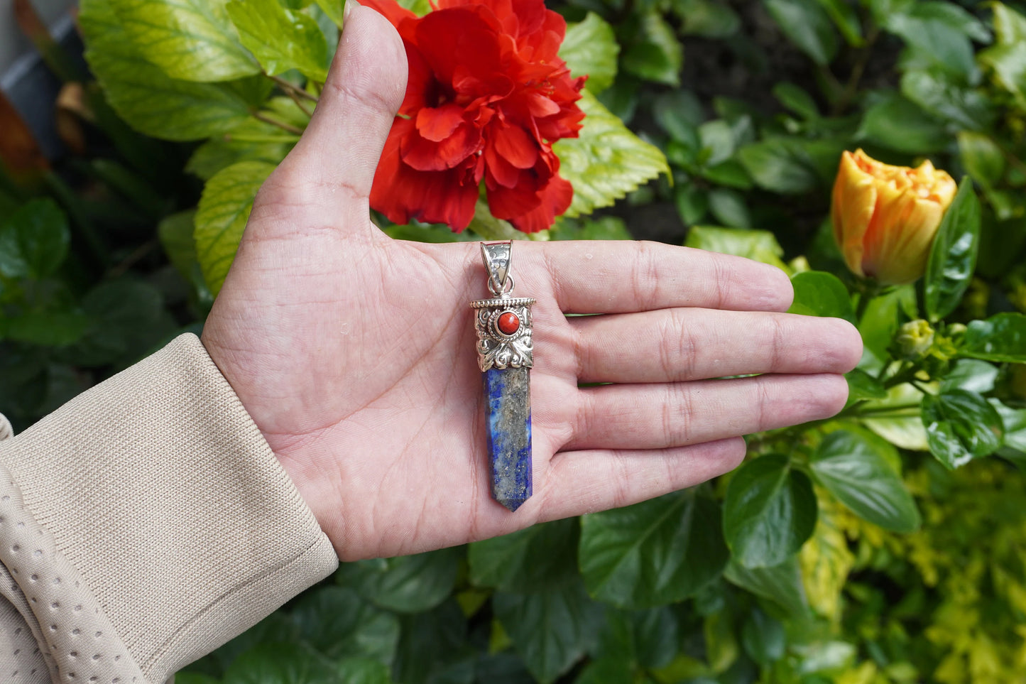 Long Pointed Natural Lapis Lazuli with Red Coral Gemstone Tibetan Silver Pendant | Light Weight Pendant for Necklace, Spiritual Jewlery