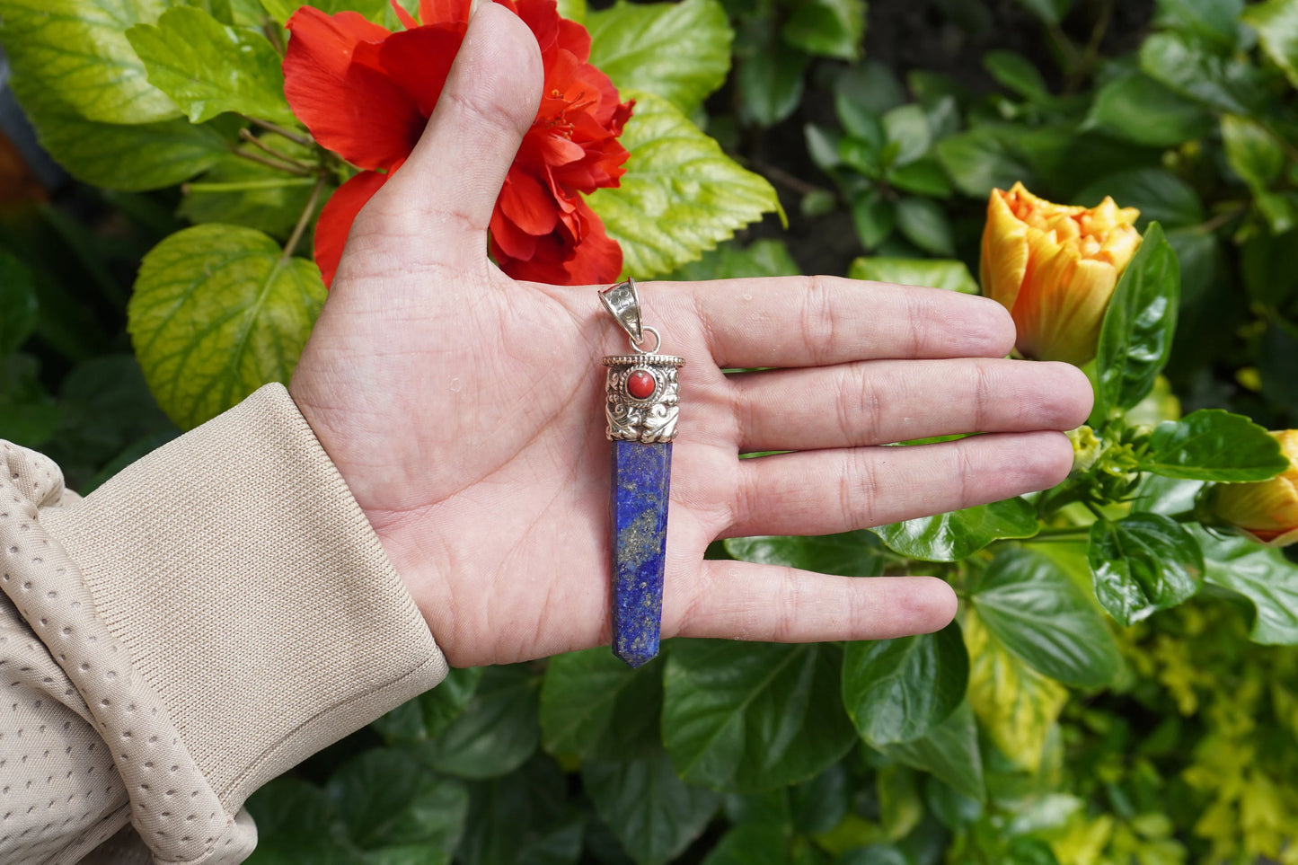 Long Pointed Natural Lapis Lazuli with Red Coral Gemstone Tibetan Silver Pendant | Light Weight Pendant for Necklace, Spiritual Jewlery
