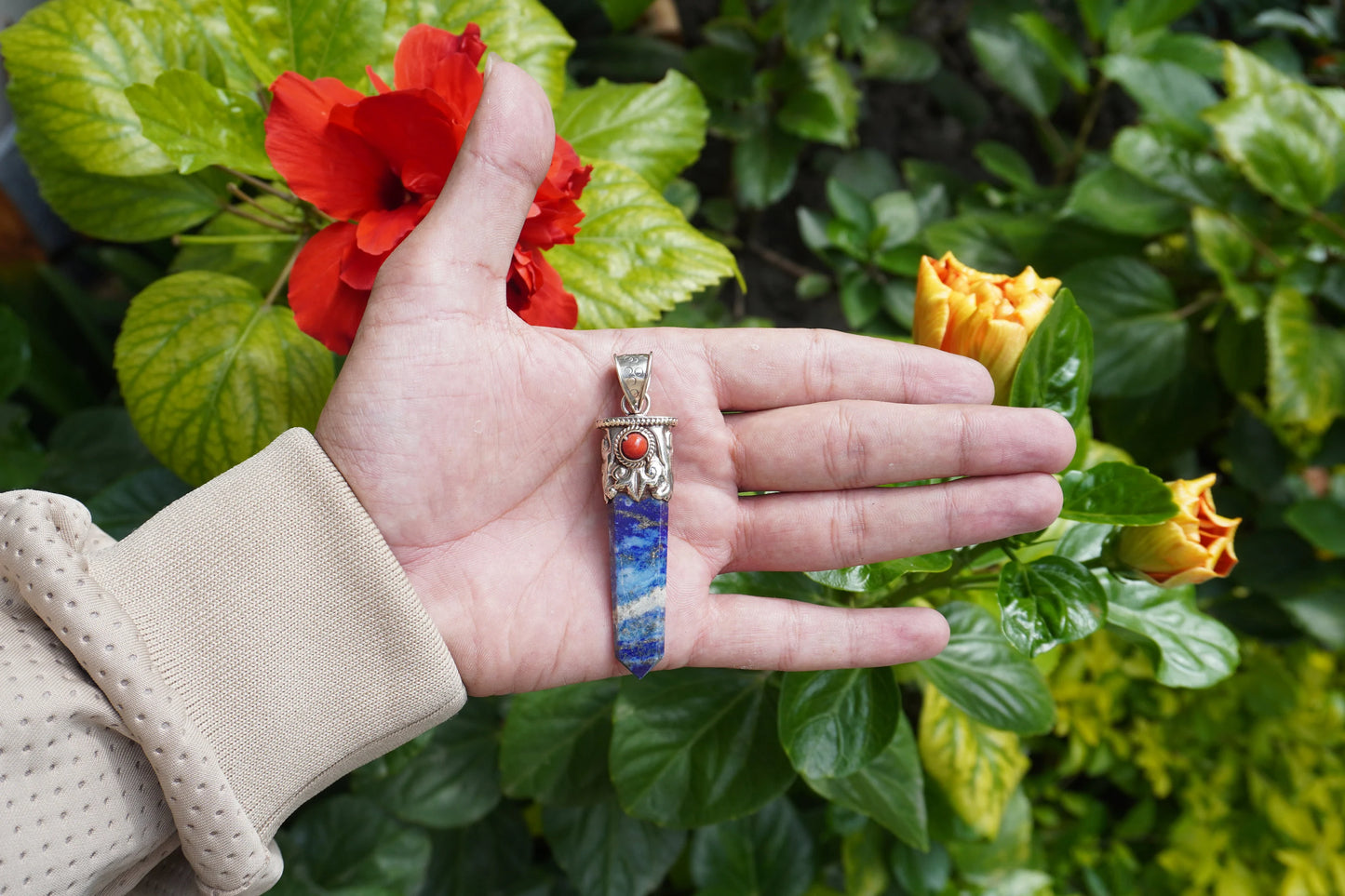 Long Pointed Natural Lapis Lazuli with Red Coral Gemstone Tibetan Silver Pendant | Light Weight Pendant for Necklace, Spiritual Jewlery