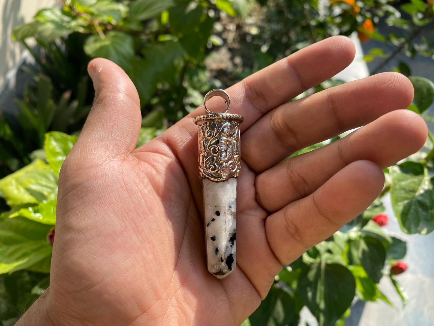Long Pointed Natural Moonstone Gemstone Tibetan Silver Pendant | Light Weight Pendant for Necklace, Jewelry from Nepal, Energetic protection