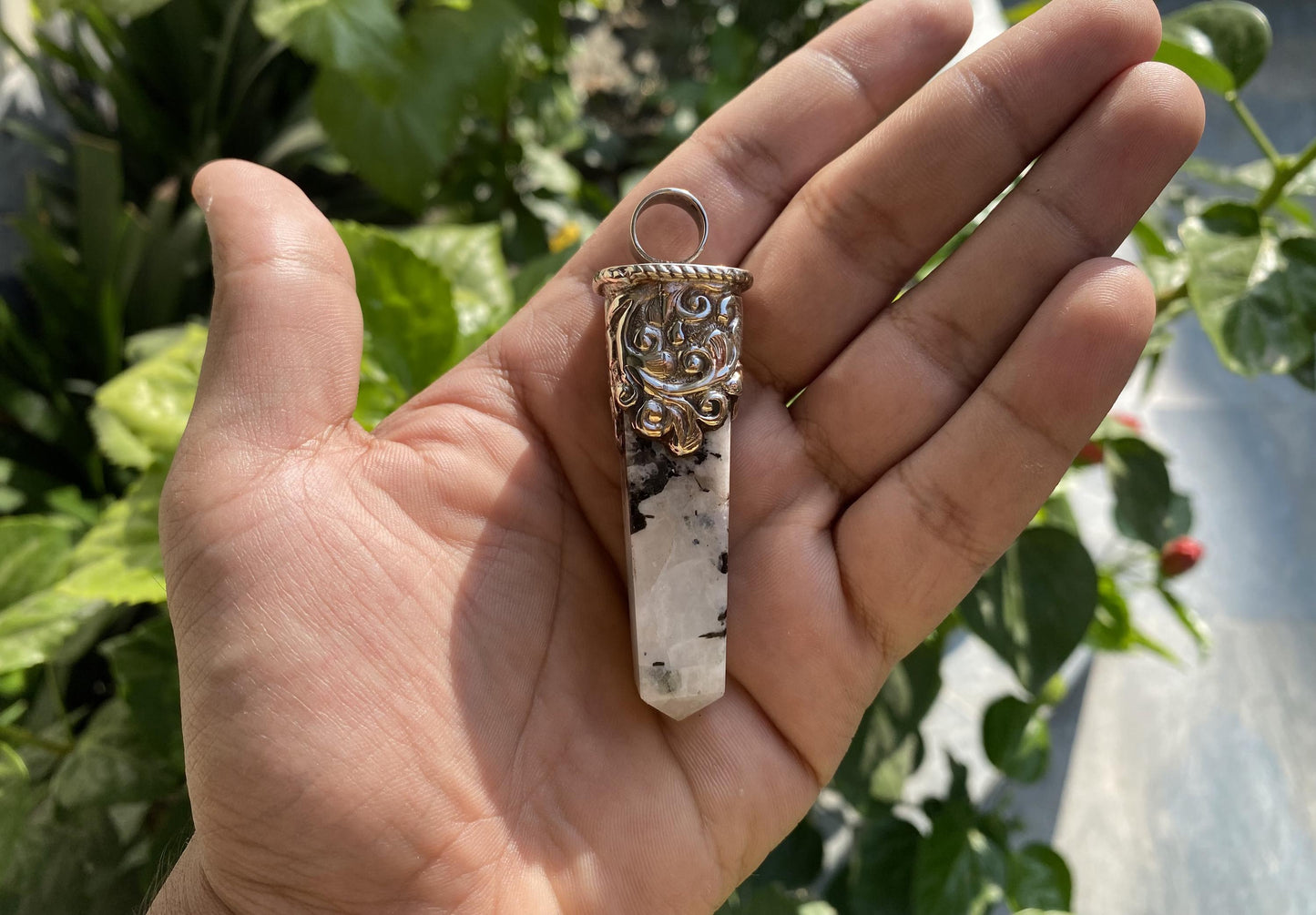 Long Pointed Natural Moonstone Gemstone Tibetan Silver Pendant | Light Weight Pendant for Necklace, Jewelry from Nepal, Energetic protection