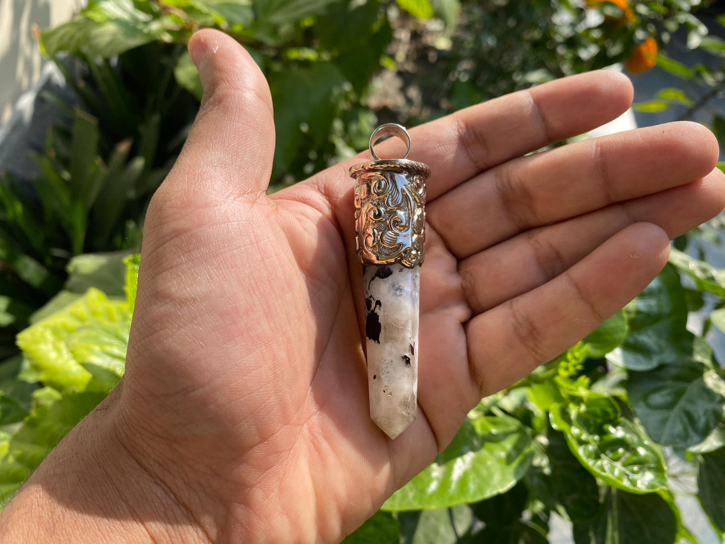 Long Pointed Natural Moonstone Gemstone Tibetan Silver Pendant | Light Weight Pendant for Necklace, Jewelry from Nepal, Energetic protection