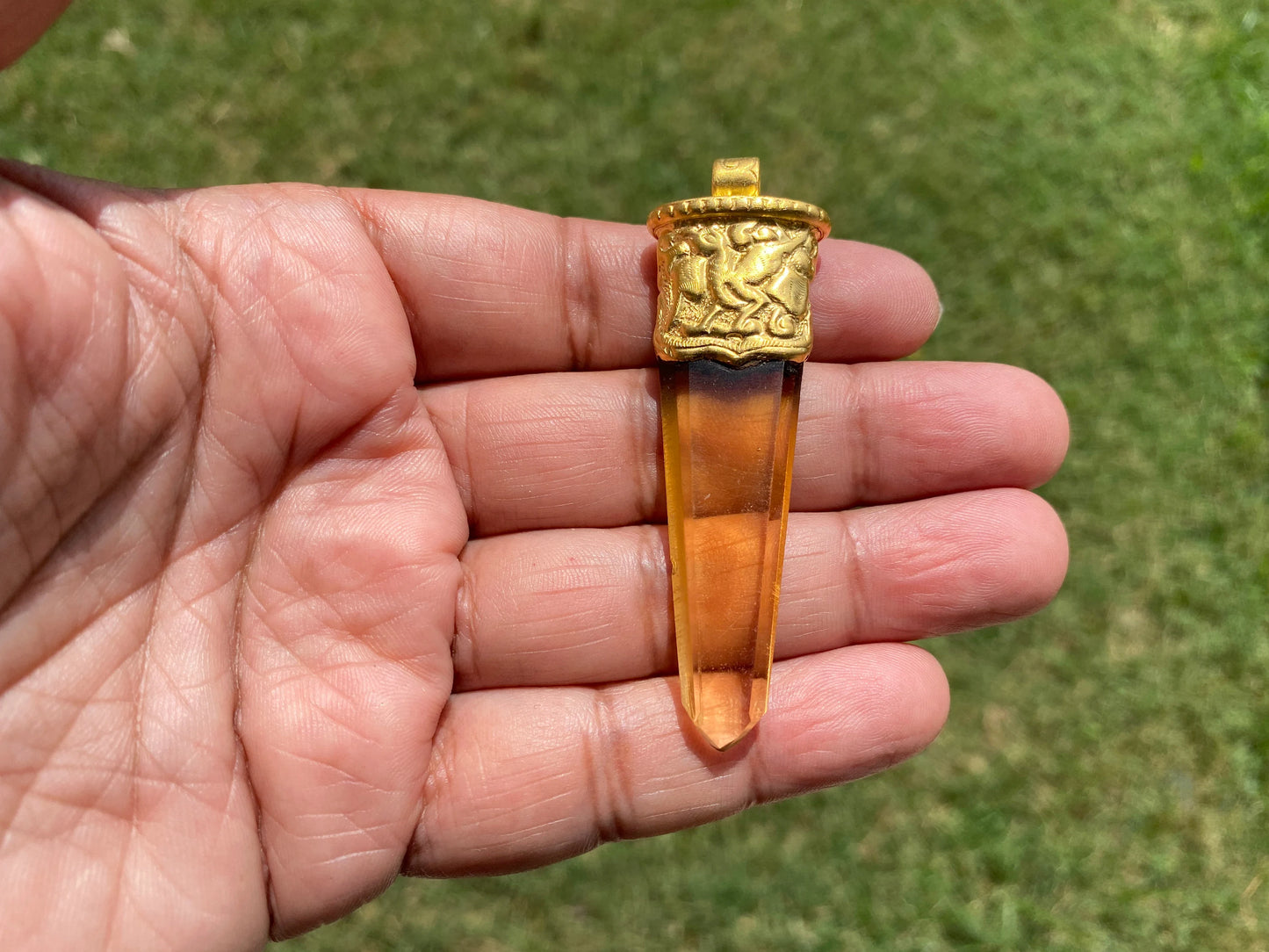 Long Quartz Pendant, 18K Matte Gold Overlay, Gemstone Pendant, Hydro Quartz Pendent, Handmade Himalayan Design, Jewelry From Nepal, Bohemian