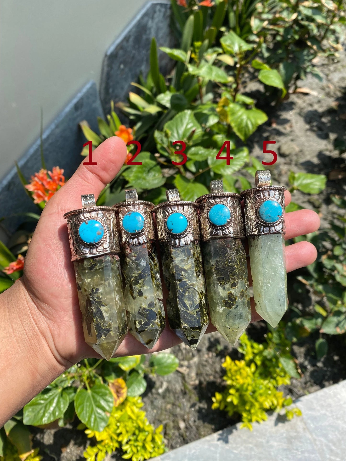 Long Raw Pointed Prehnite natural Stone Tibetan Silver Pendant, Prehnite Crystal Quartz, Healing Crystal Point, Earthy Jewel with turquoise
