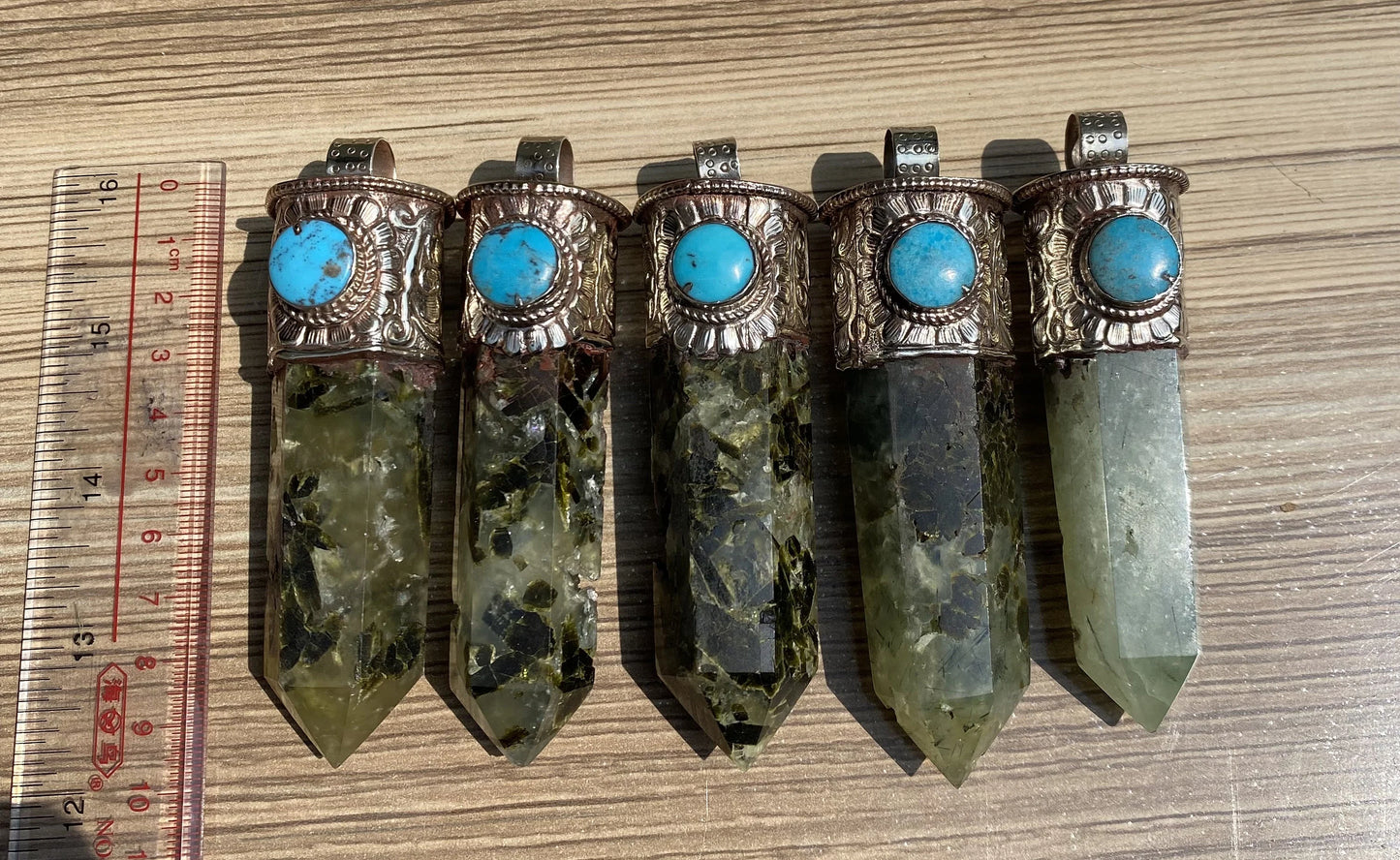 Long Raw Pointed Prehnite natural Stone Tibetan Silver Pendant, Prehnite Crystal Quartz, Healing Crystal Point, Earthy Jewel with turquoise