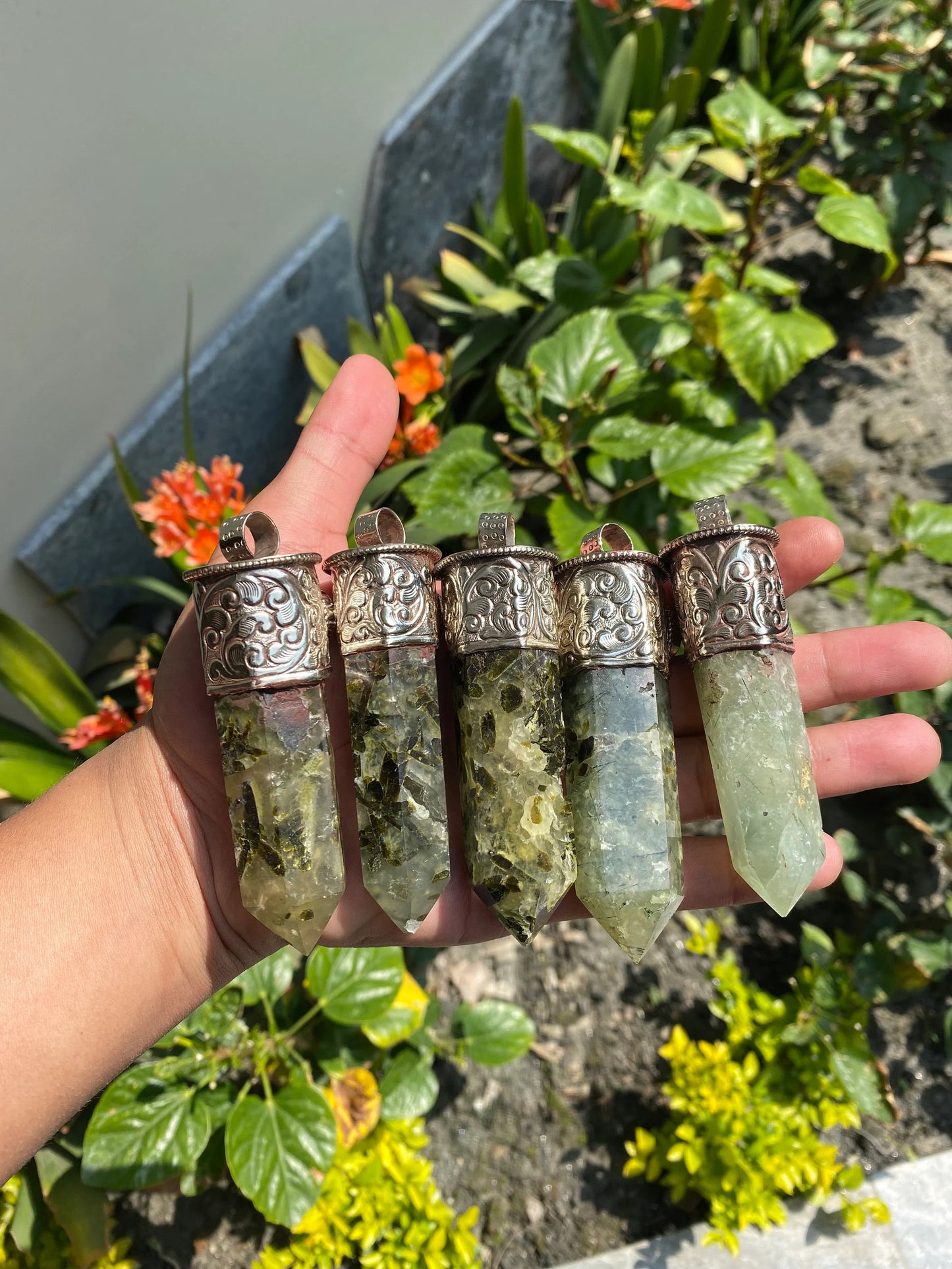 Long Raw Pointed Prehnite natural Stone Tibetan Silver Pendant, Prehnite Crystal Quartz, Healing Crystal Point, Earthy Jewel with turquoise