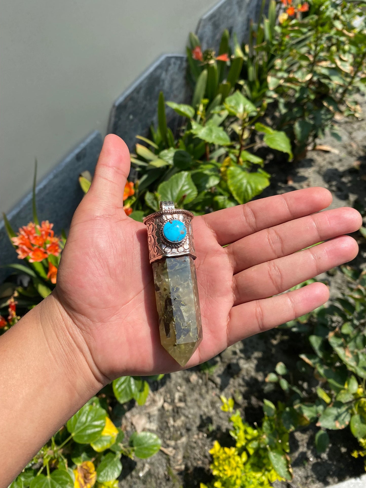 Long Raw Pointed Prehnite natural Stone Tibetan Silver Pendant, Prehnite Crystal Quartz, Healing Crystal Point, Earthy Jewel with turquoise