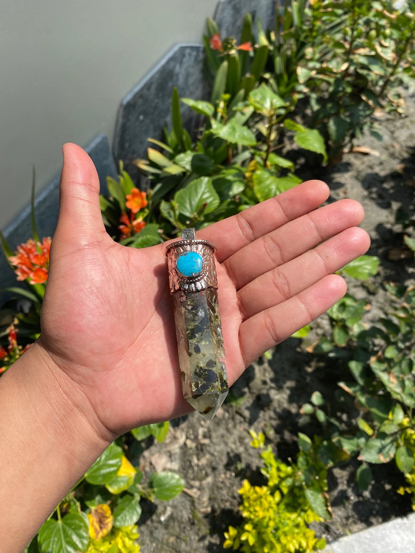 Long Raw Pointed Prehnite natural Stone Tibetan Silver Pendant, Prehnite Crystal Quartz, Healing Crystal Point, Earthy Jewel with turquoise