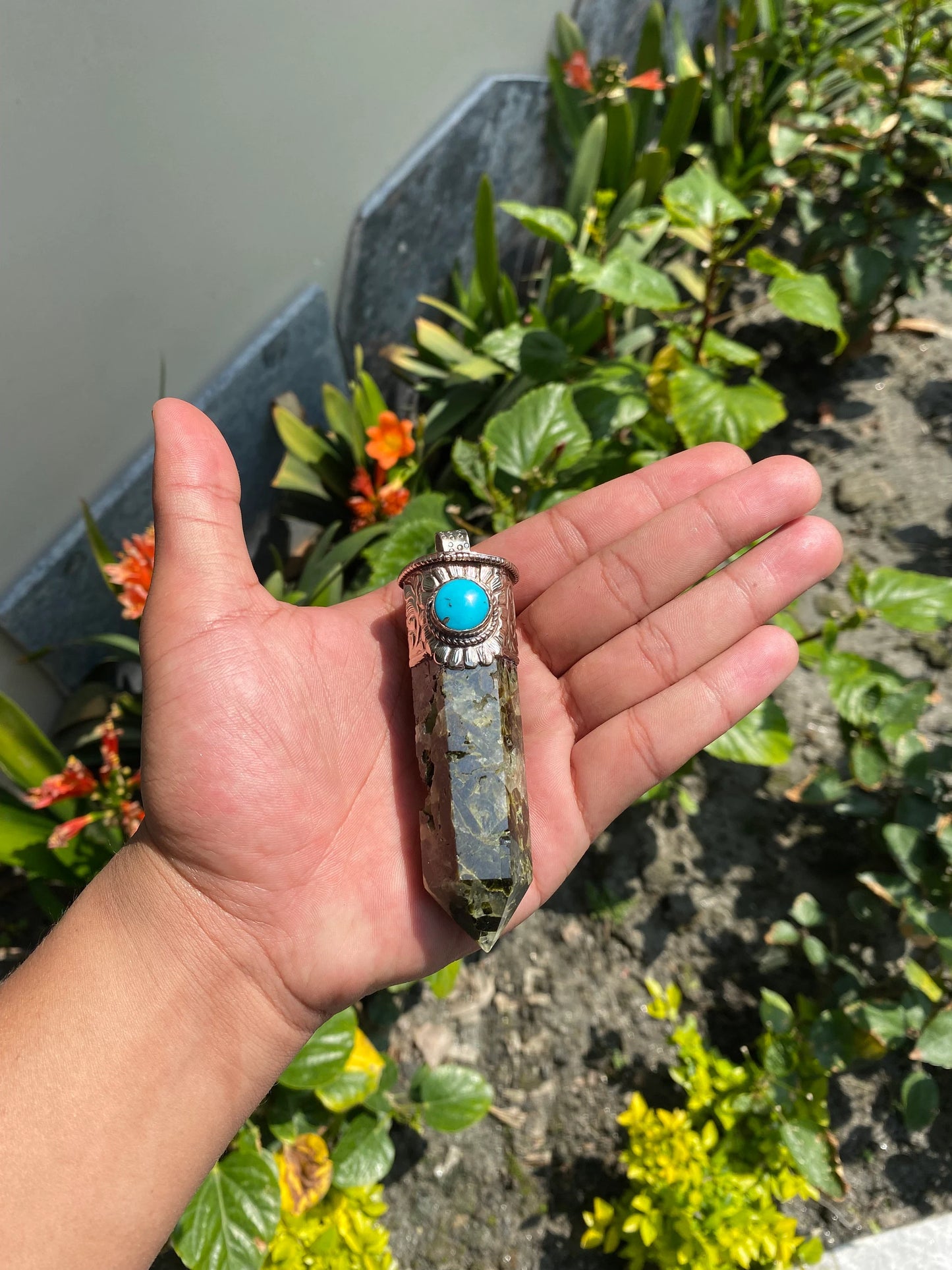 Long Raw Pointed Prehnite natural Stone Tibetan Silver Pendant, Prehnite Crystal Quartz, Healing Crystal Point, Earthy Jewel with turquoise