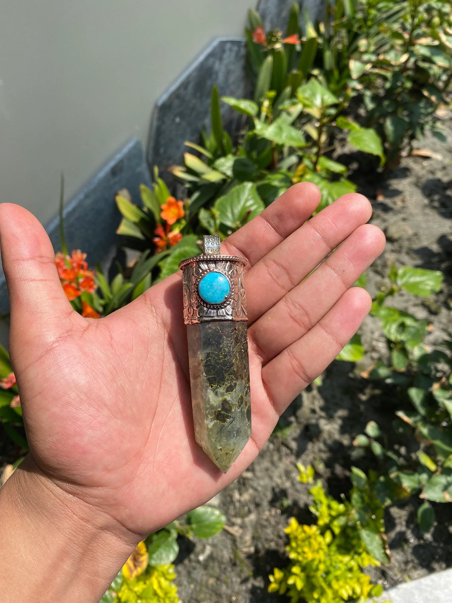 Long Raw Pointed Prehnite natural Stone Tibetan Silver Pendant, Prehnite Crystal Quartz, Healing Crystal Point, Earthy Jewel with turquoise