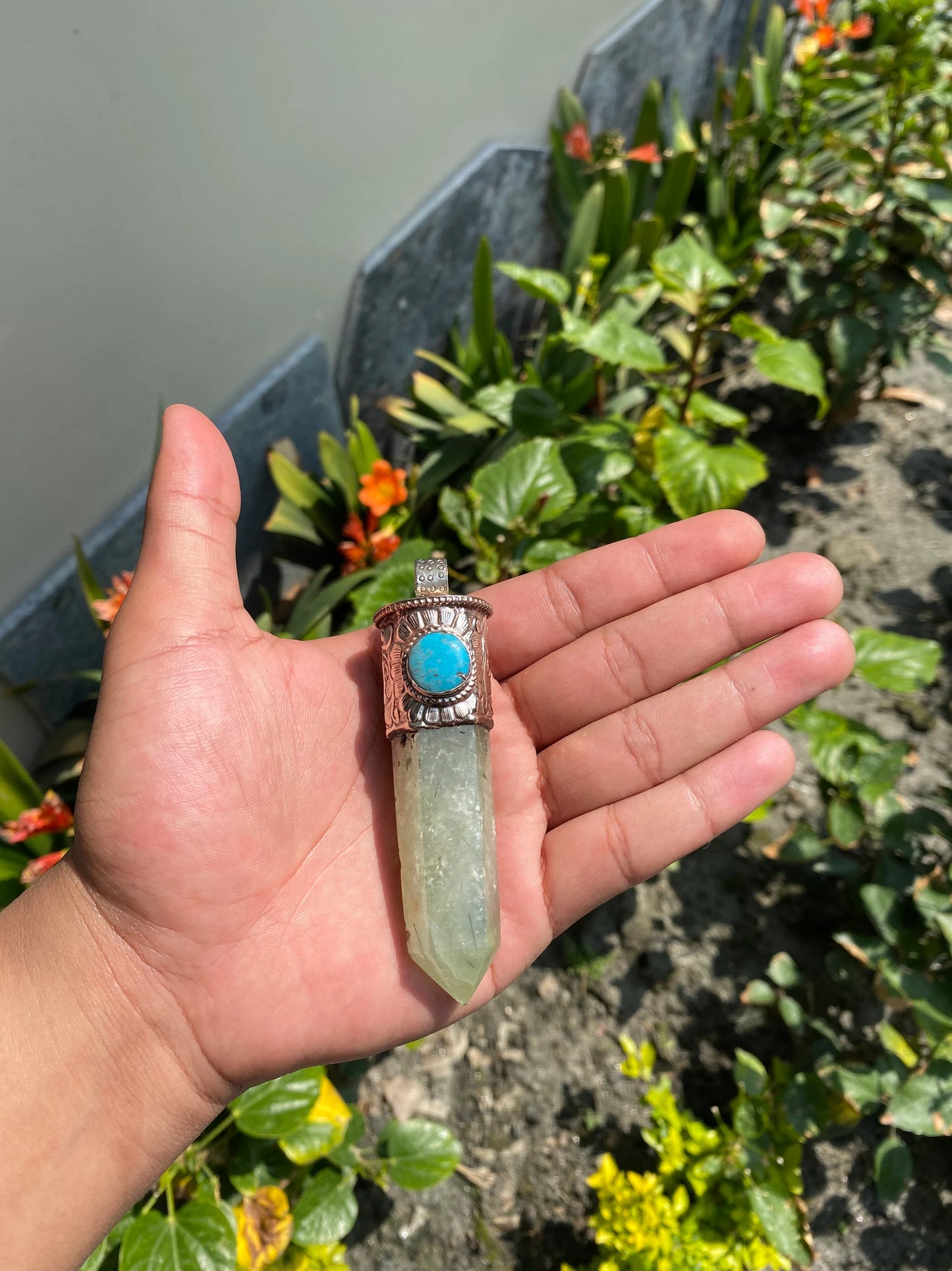 Long Raw Pointed Prehnite natural Stone Tibetan Silver Pendant, Prehnite Crystal Quartz, Healing Crystal Point, Earthy Jewel with turquoise