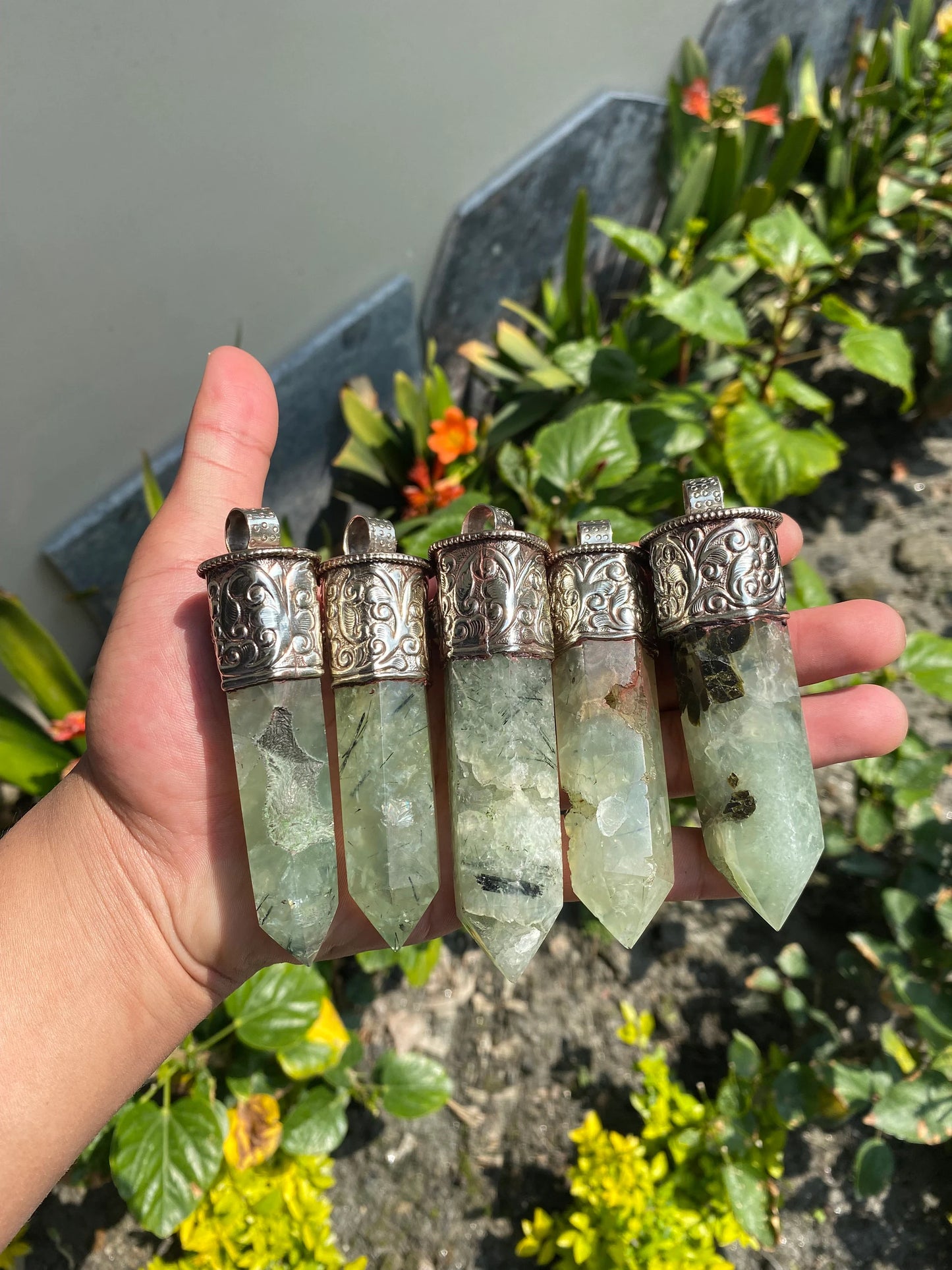 Long Raw Pointed Prehnite natural Stone Tibetan Silver Pendant, Prehnite Crystal Quartz, Healing Crystal Point, Reiki Chakra, Earthy Jewelry