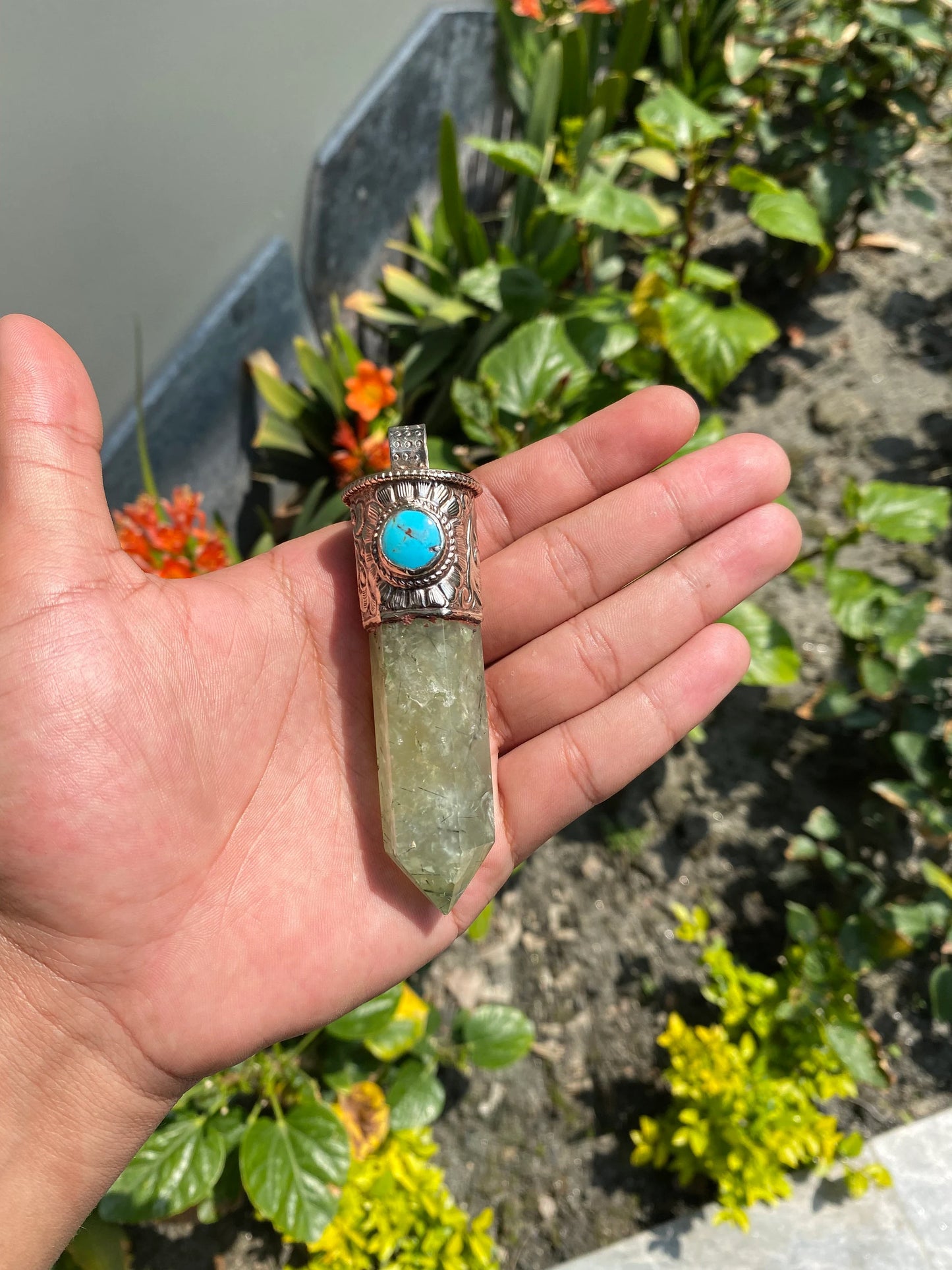 Long Raw Pointed Prehnite natural Stone Tibetan Silver Pendant, Prehnite Crystal Quartz, Healing Crystal Point, Reiki Chakra, Earthy Jewelry