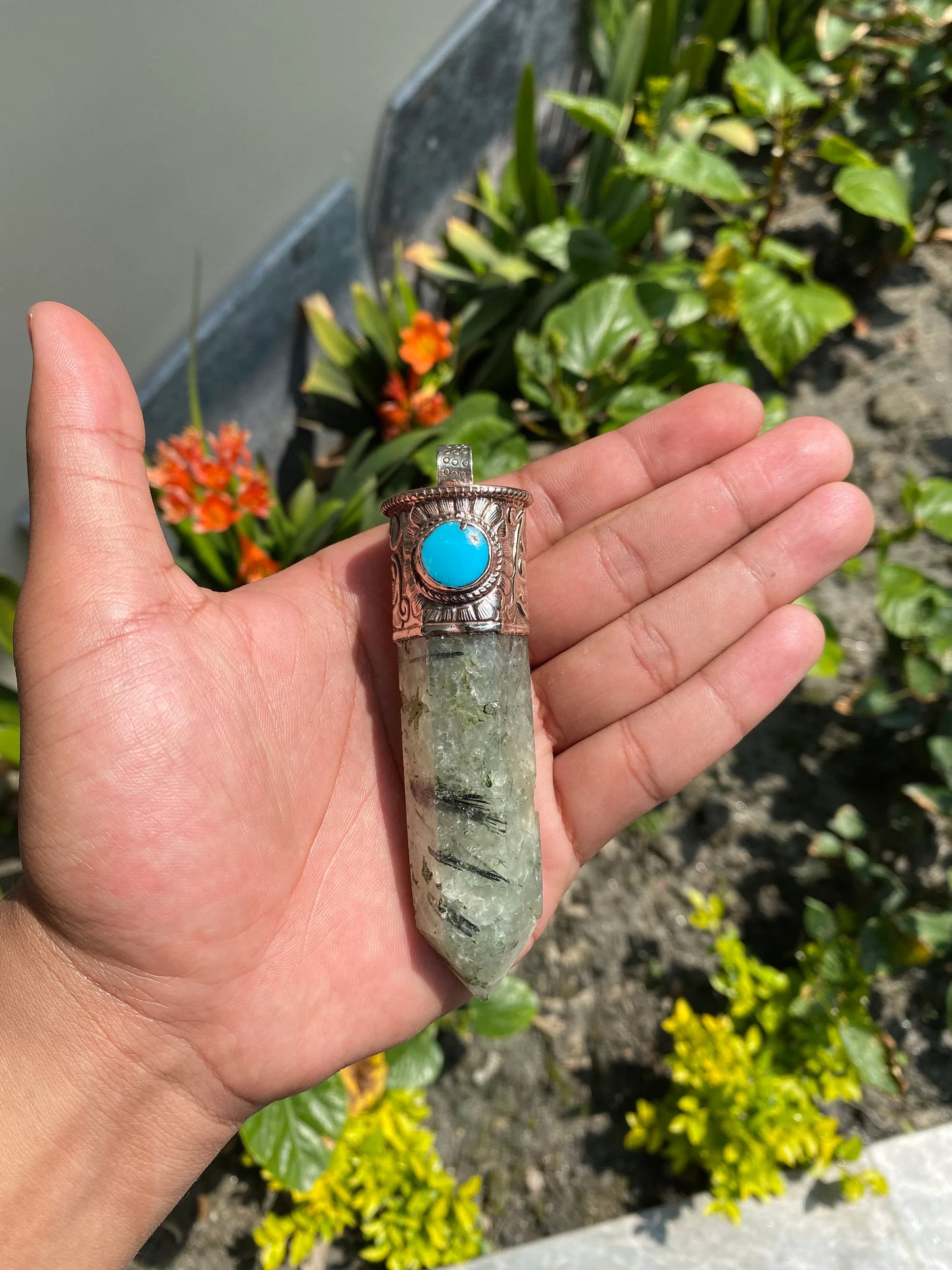 Long Raw Pointed Prehnite natural Stone Tibetan Silver Pendant, Prehnite Crystal Quartz, Healing Crystal Point, Reiki Chakra, Earthy Jewelry