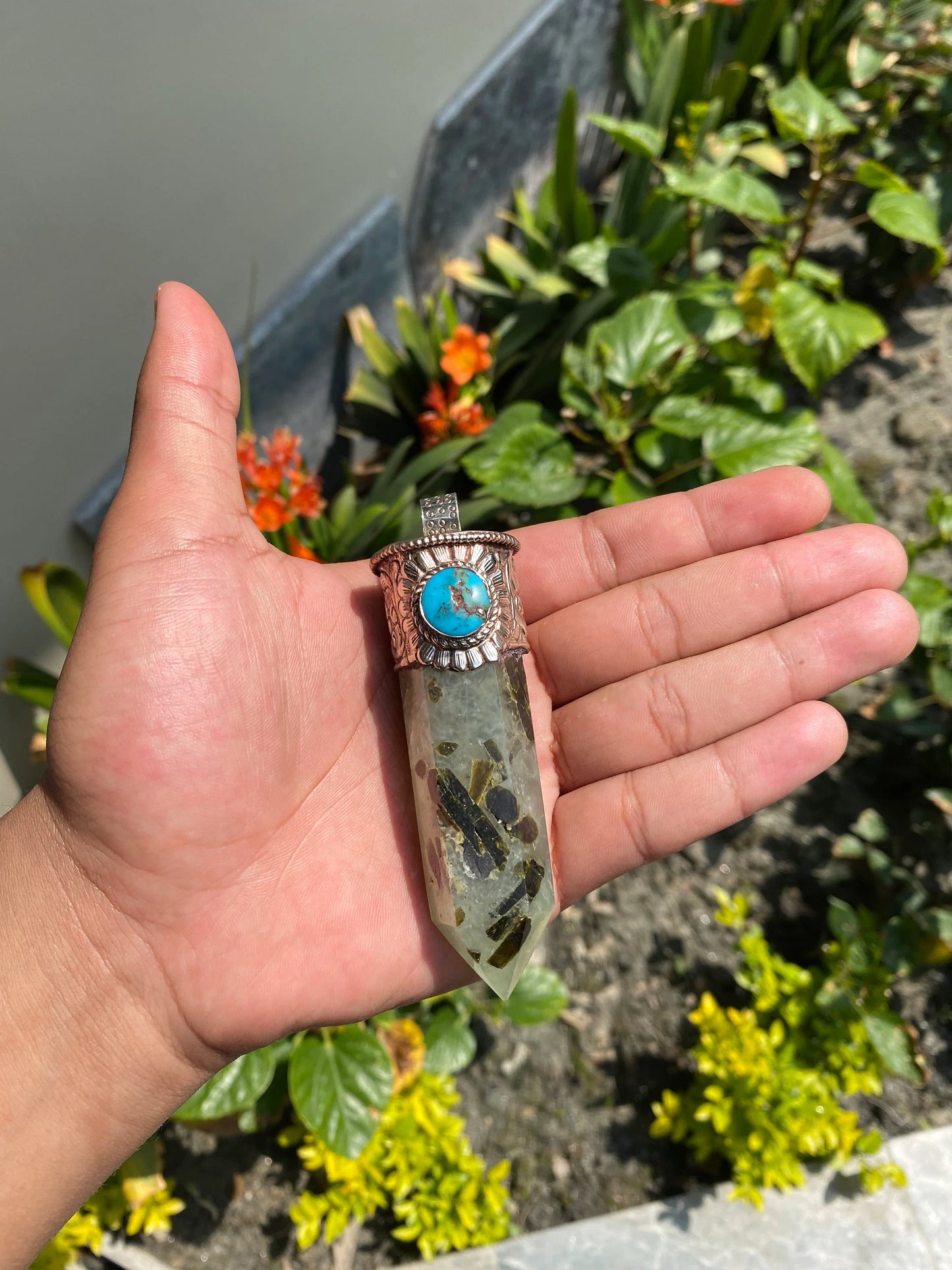 Long Raw Pointed Prehnite natural Stone Tibetan Silver Pendant, Prehnite Crystal Quartz, Healing Crystal Point, Reiki Chakra, Earthy Jewelry