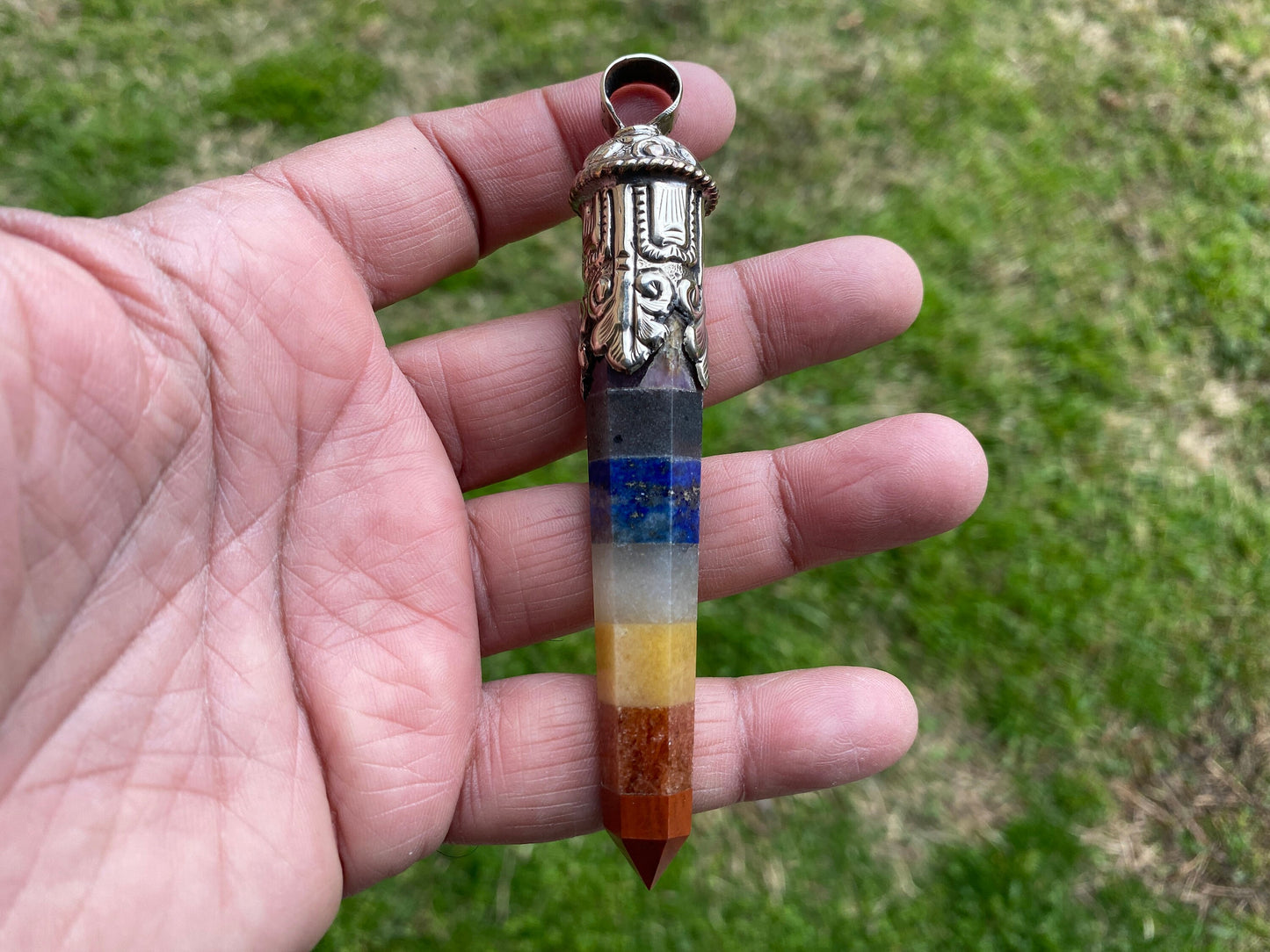 Long Seven Chakra Crystal Point Tibetan Silver Pendant, Multi gemstone Pendant for Necklace, Healing Crystal, Boho Pendant, Hippie Pendant,