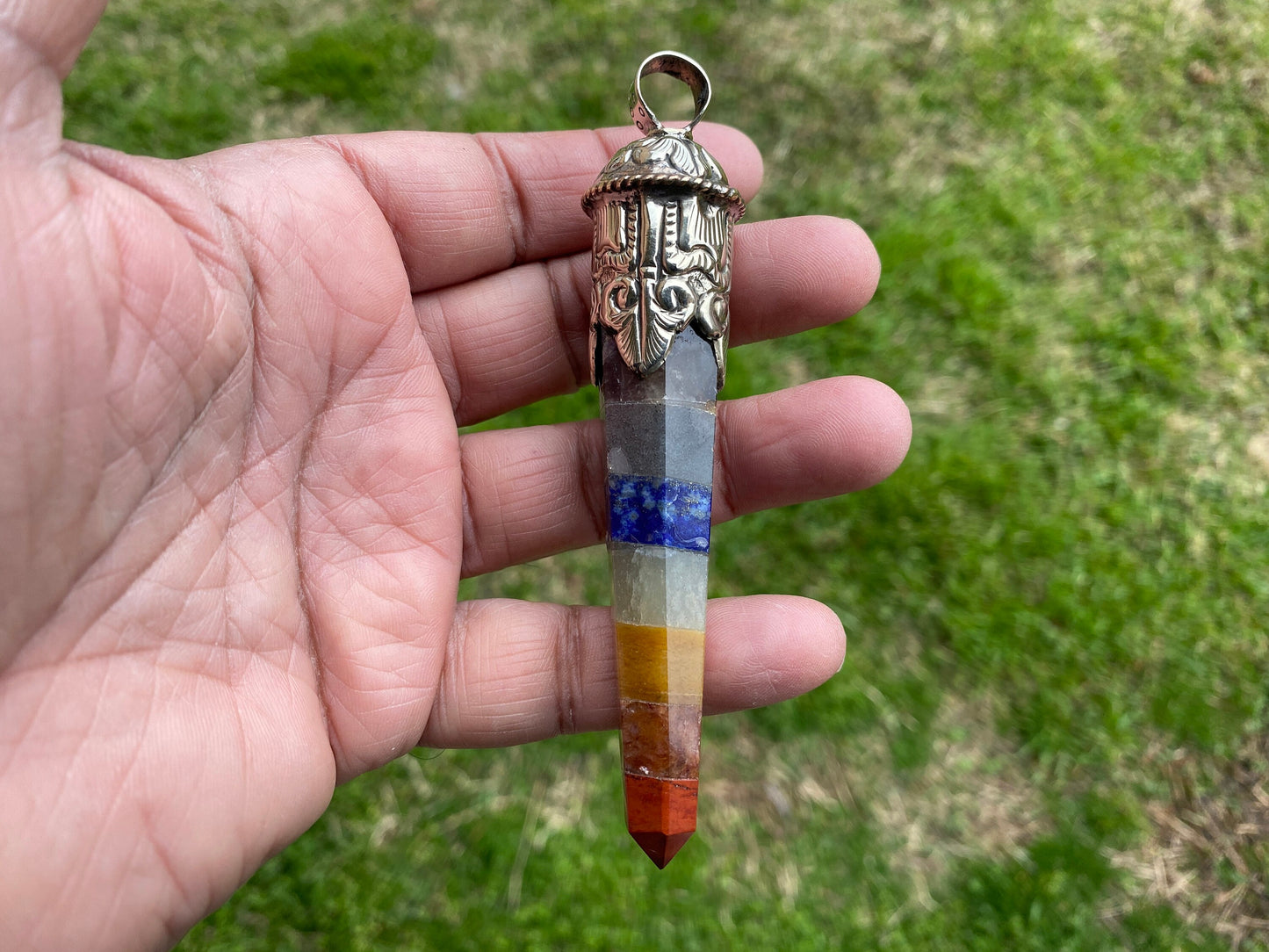 Long Seven Chakra Crystal Point Tibetan Silver Pendant, Multi gemstone Pendant for Necklace, Healing Crystal, Boho Pendant, Hippie Pendant,
