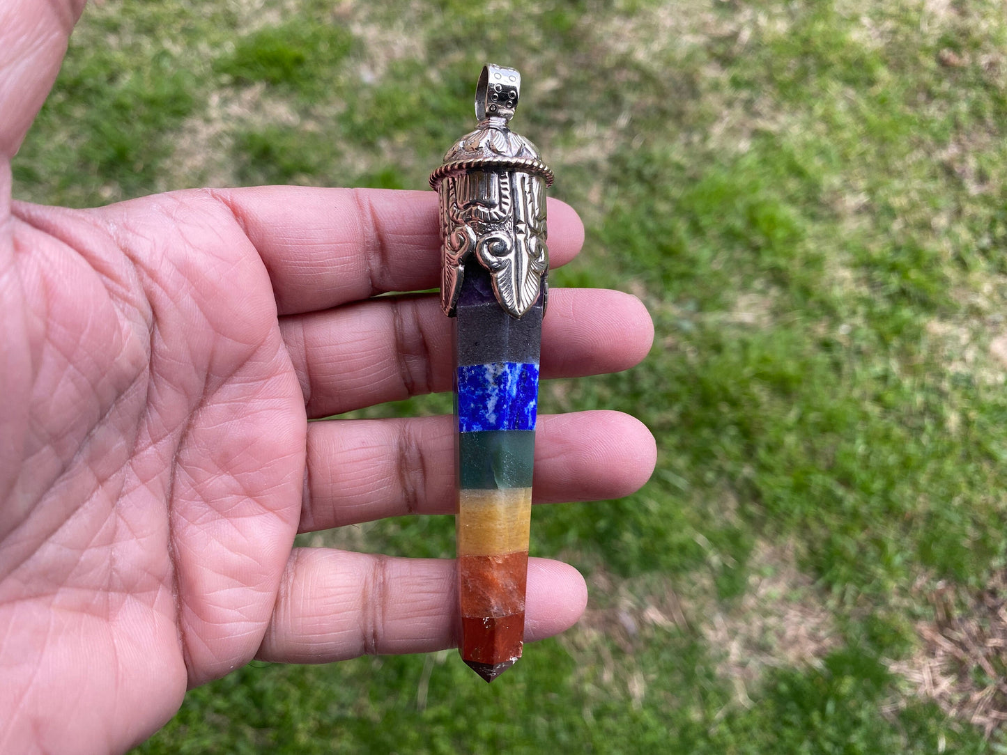 Long Seven Chakra Crystal Point Tibetan Silver Pendant, Multi gemstone Pendant for Necklace, Healing Crystal, Boho Pendant, Hippie Pendant,