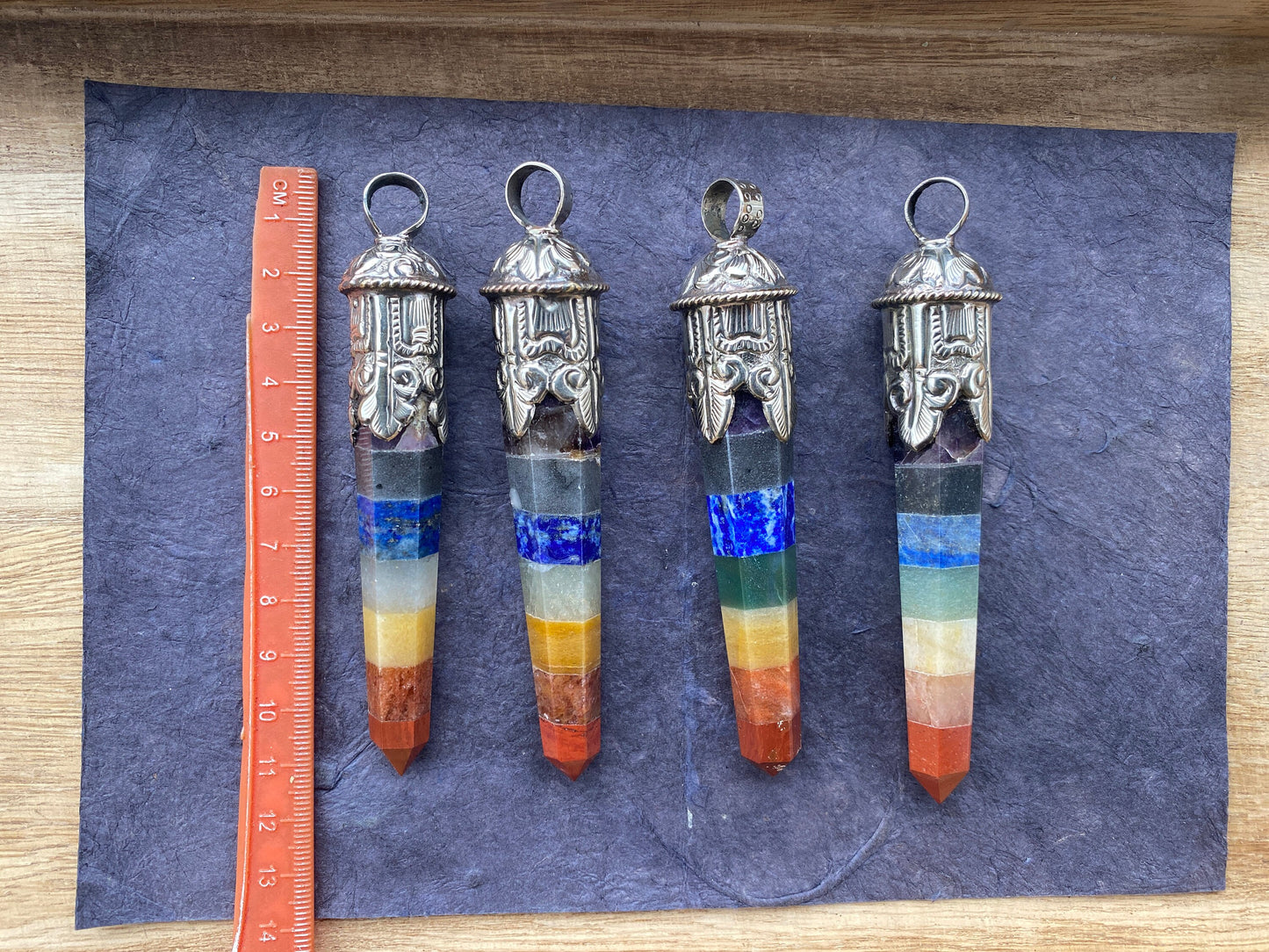 Long Seven Chakra Crystal Point Tibetan Silver Pendant, Multi gemstone Pendant for Necklace, Healing Crystal, Boho Pendant, Hippie Pendant,