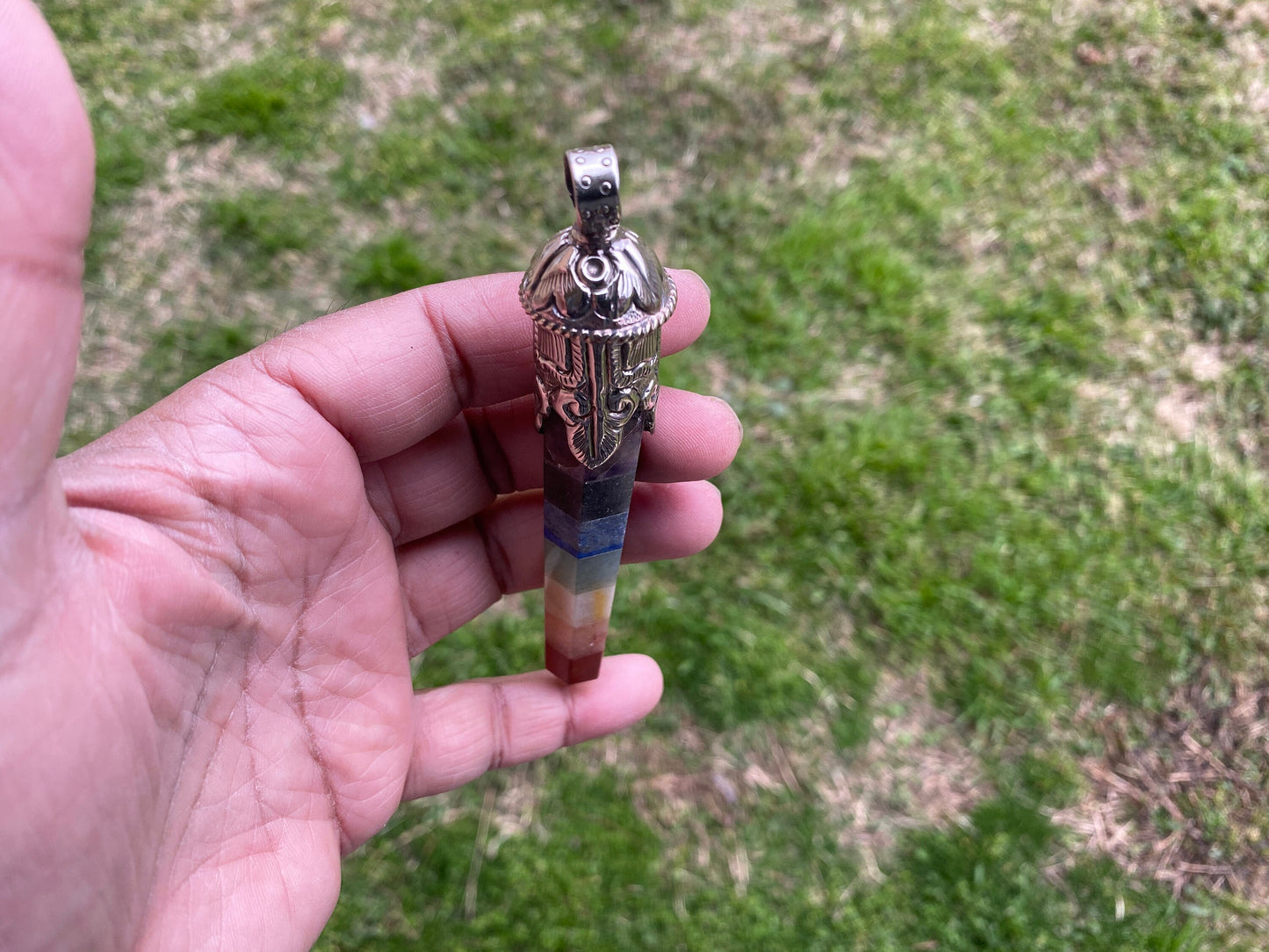 Long Seven Chakra Crystal Point Tibetan Silver Pendant, Multi gemstone Pendant for Necklace, Healing Crystal, Boho Pendant, Hippie Pendant,