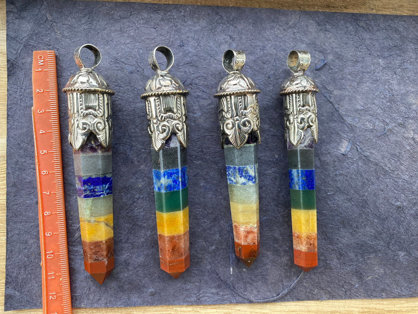Long Seven Chakra Crystal Point Tibetan Silver Pendant, Multi gemstone Pendant for Necklace, Healing Crystal, Boho Pendant, Hippie Pendant,