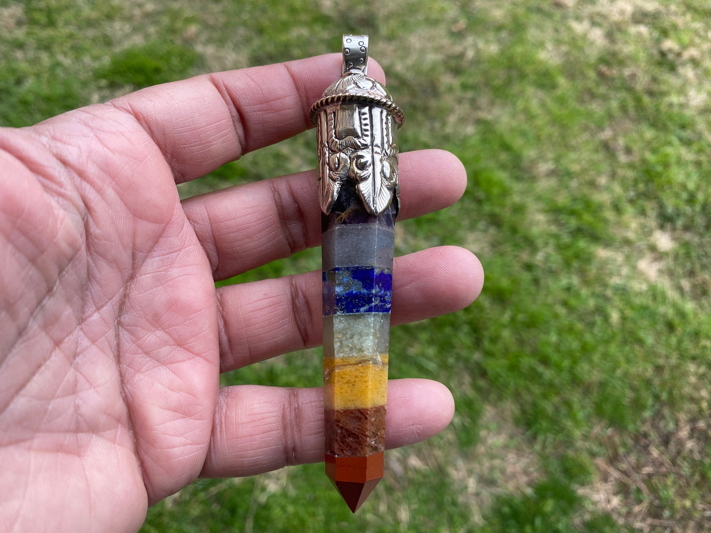 Long Seven Chakra Crystal Point Tibetan Silver Pendant, Multi gemstone Pendant for Necklace, Healing Crystal, Boho Pendant, Hippie Pendant,