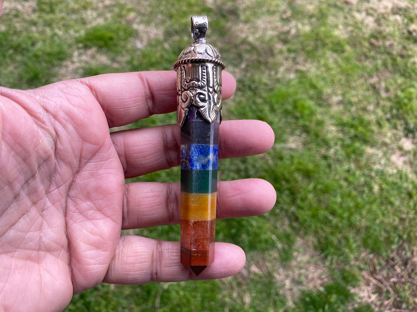 Long Seven Chakra Crystal Point Tibetan Silver Pendant, Multi gemstone Pendant for Necklace, Healing Crystal, Boho Pendant, Hippie Pendant,