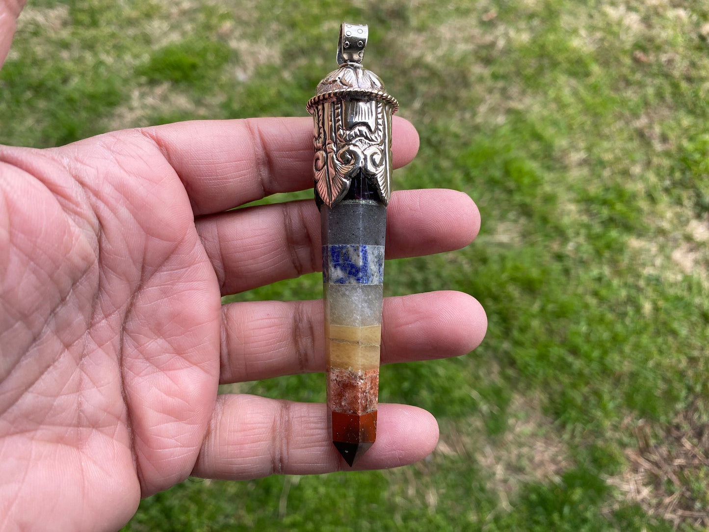 Long Seven Chakra Crystal Point Tibetan Silver Pendant, Multi gemstone Pendant for Necklace, Healing Crystal, Boho Pendant, Hippie Pendant,